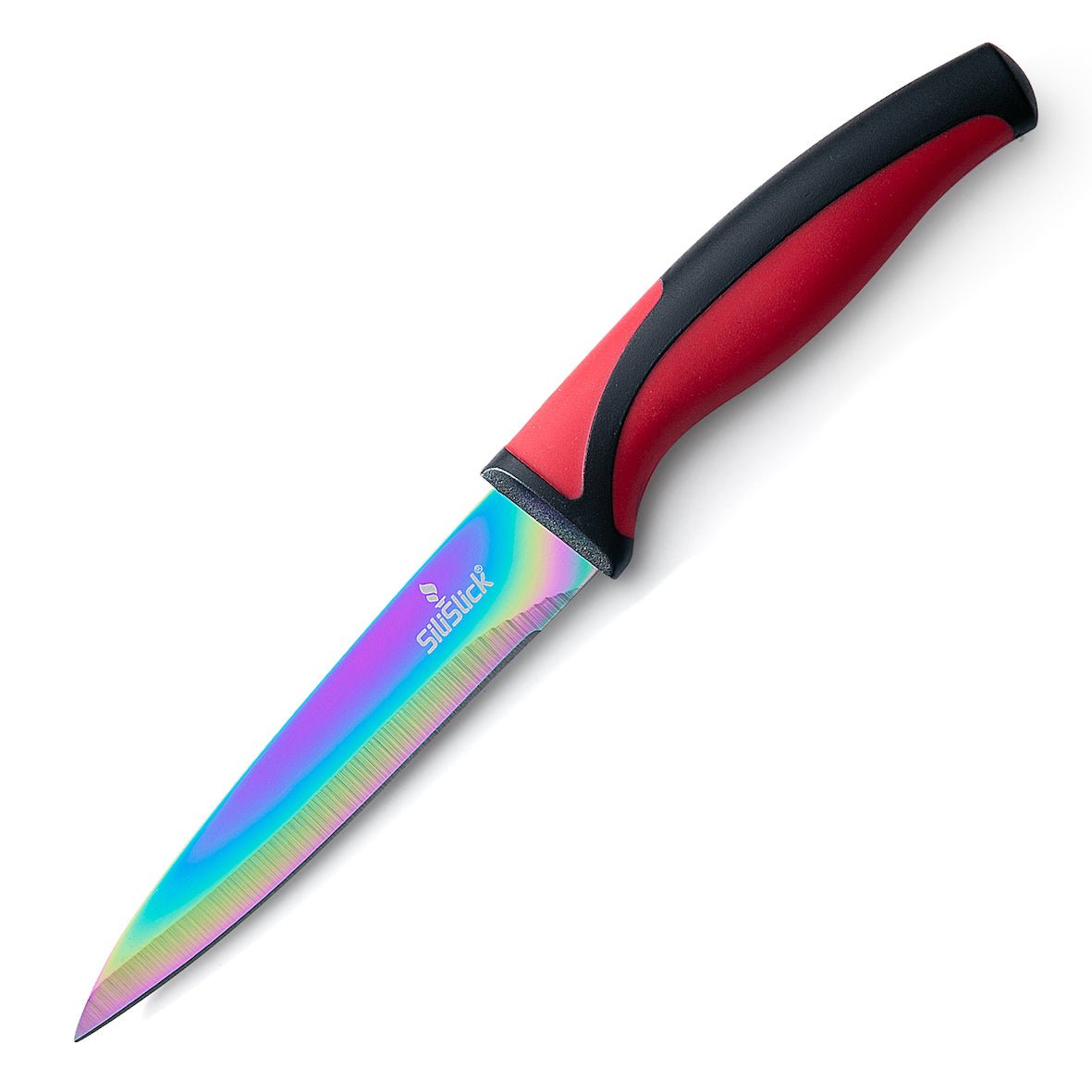 SiliSlick Stainless Steel Steak Knife Red Handle Set Of 4 - Titanium Coated Rainbow Iridescent Kitchen Straight Edge For Cutting Meat