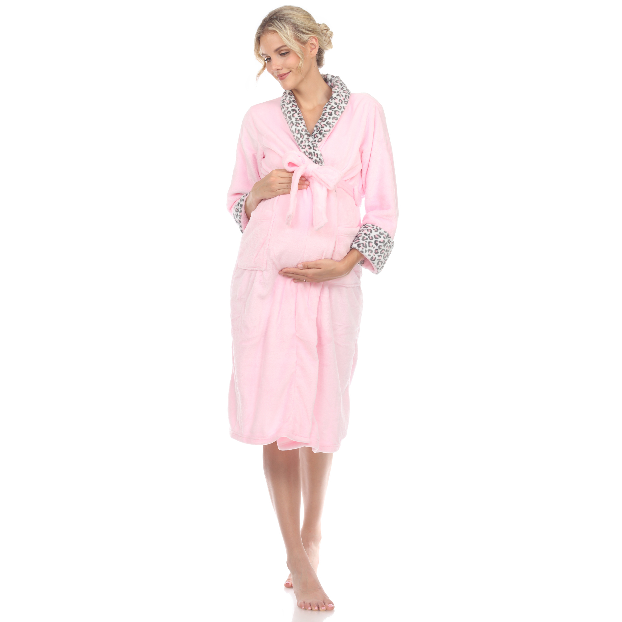 White Mark Women's Maternity Cozy Lounge Robe - Pink Leopard, S/M