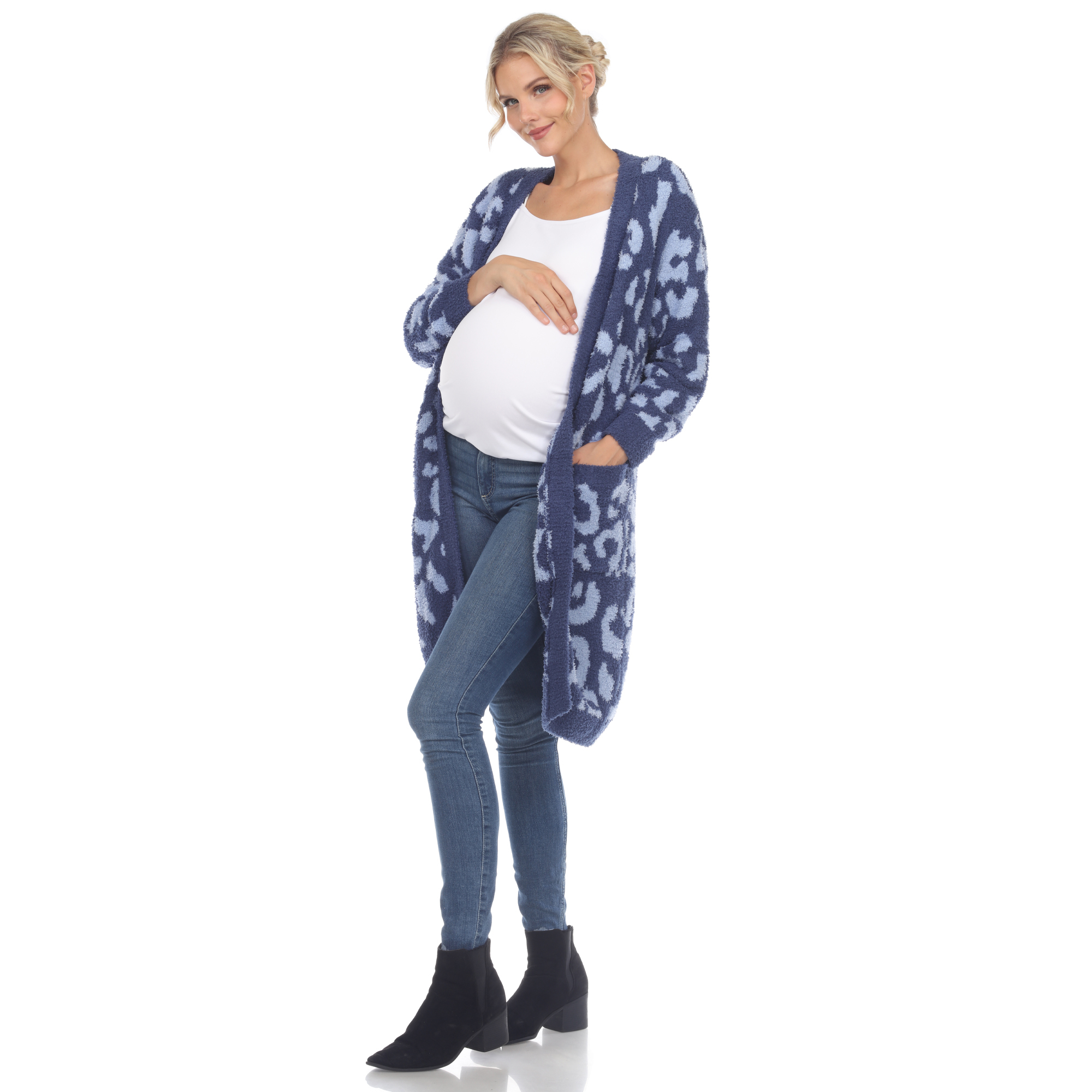 White Mark Womenâs Maternity Leopard Print Open Front Sherpa Coat - Blue, L/XL