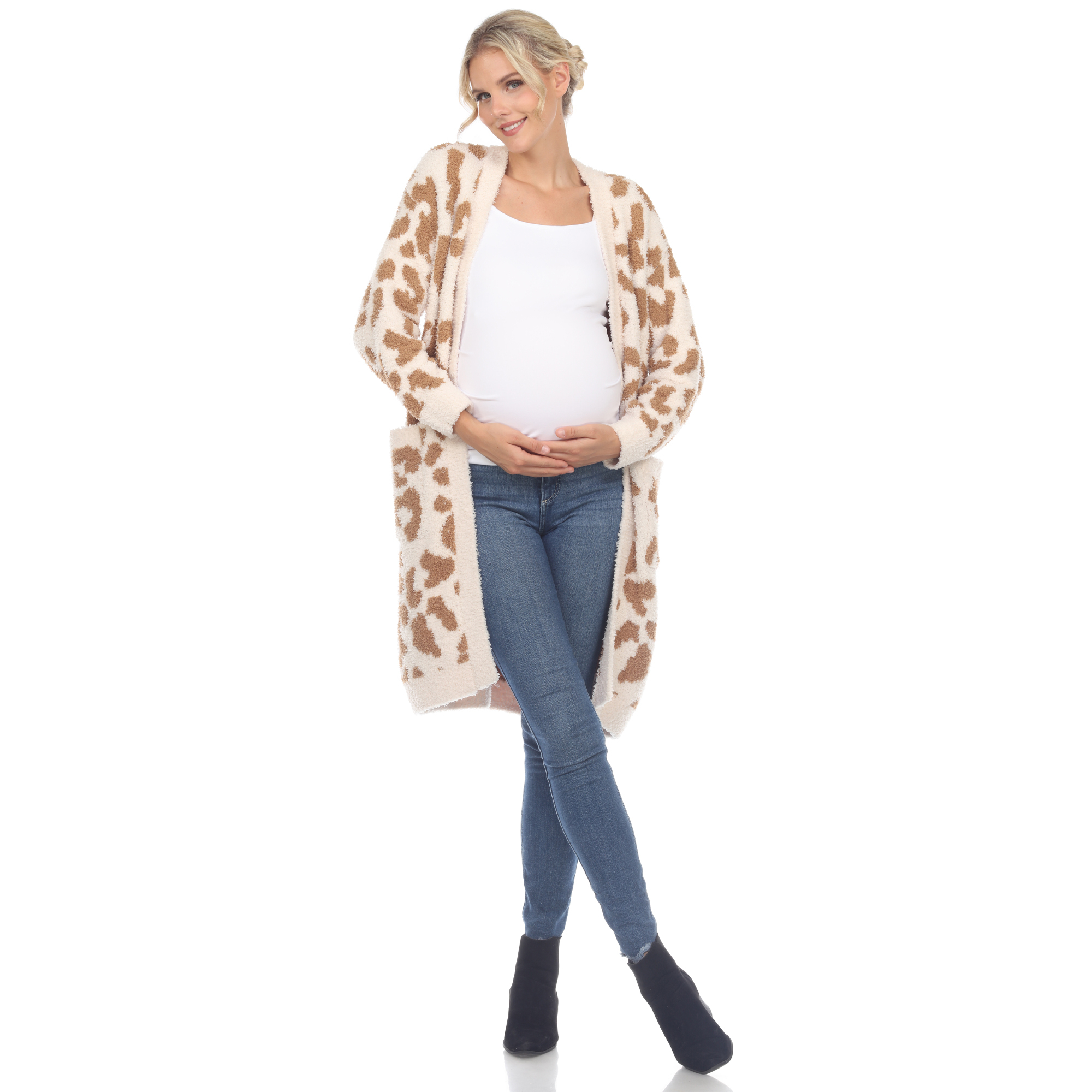 White Mark Womenâs Maternity Leopard Print Open Front Sherpa Coat - Brown, L/XL
