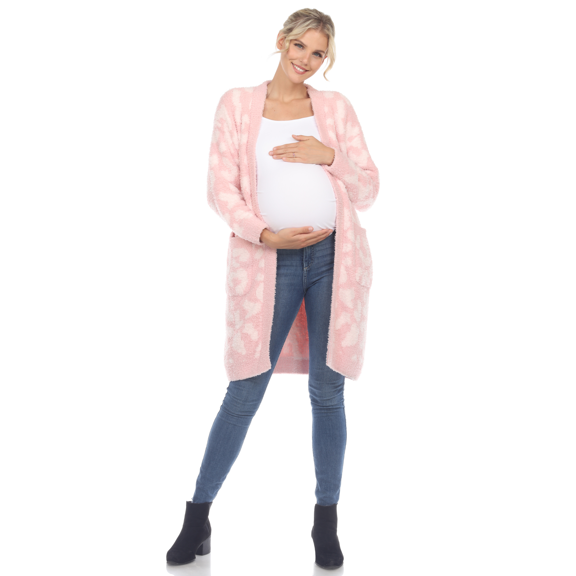White Mark Womenâs Maternity Leopard Print Open Front Sherpa Coat - Pink, 2X/3X