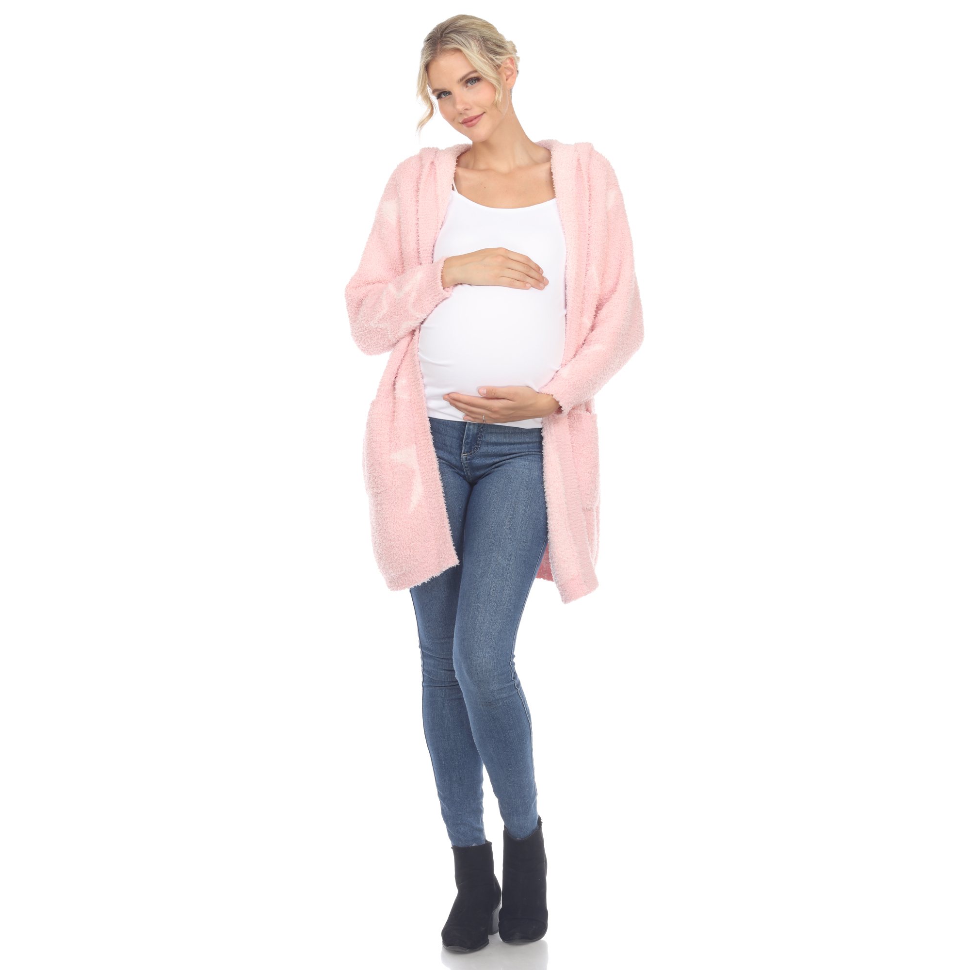 White Mark Womenâs Maternity Hooded Open Front Sherpa Coat - Pink, 2X/3X