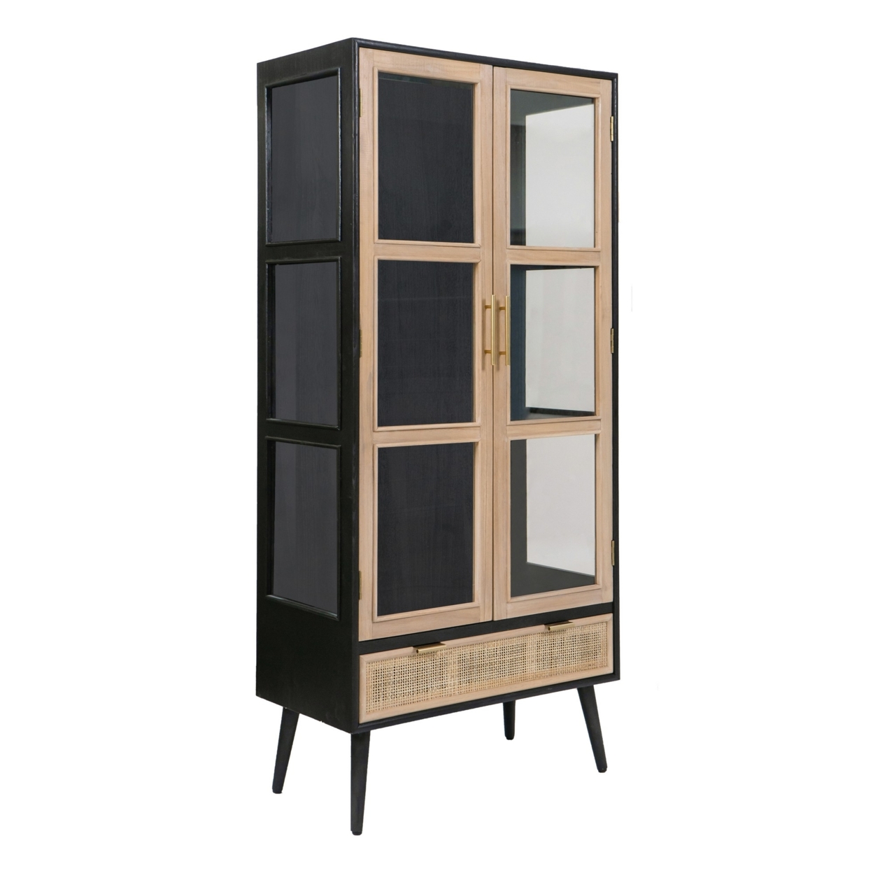 Dana 63 Inch Tall Cabinet, 2 Glass Doors, 1 Drawer, Pine Wood, Black- Saltoro Sherpi