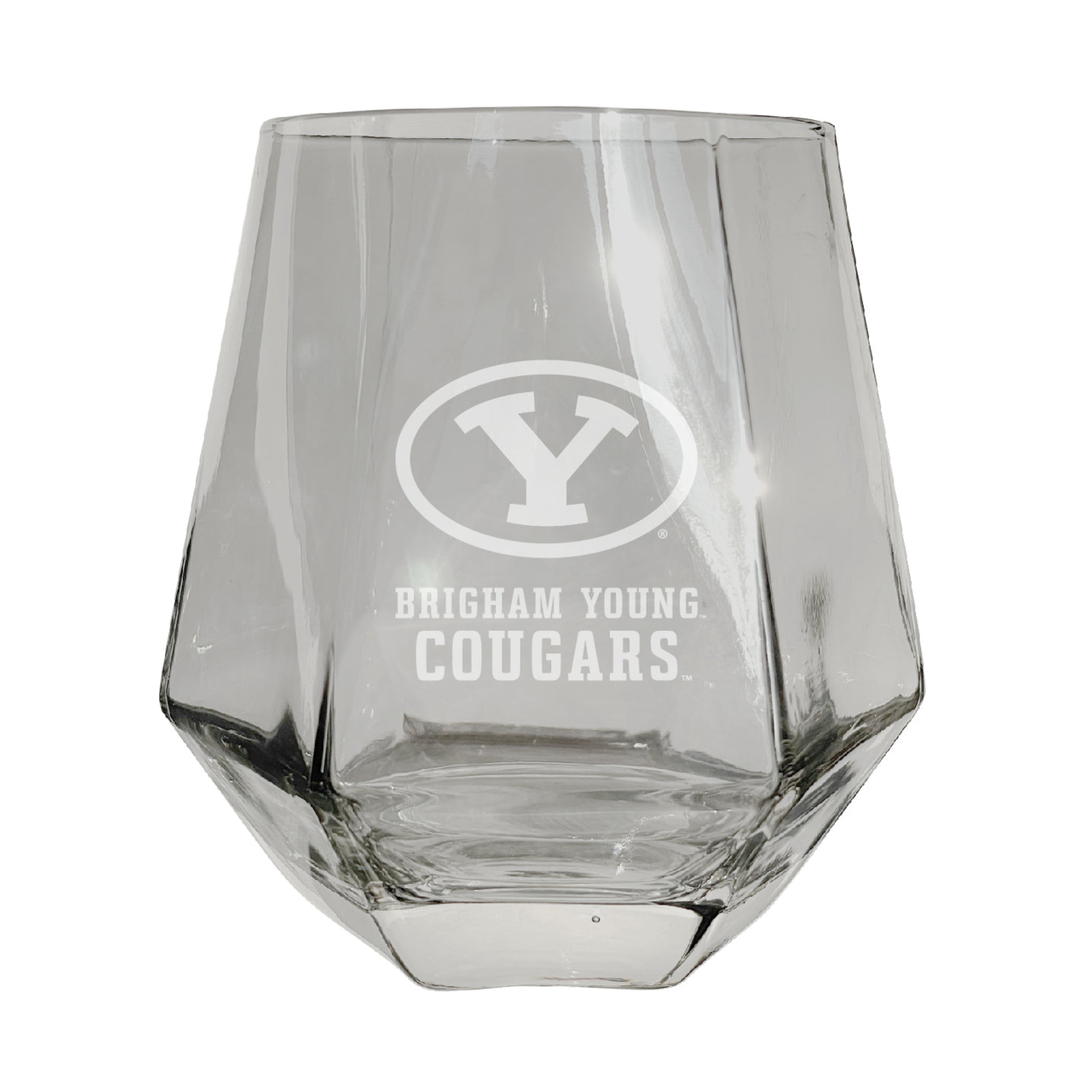 Brigham Young Cougars Etched Diamond Cut Stemless 10 Ounce Wine Glass Clear