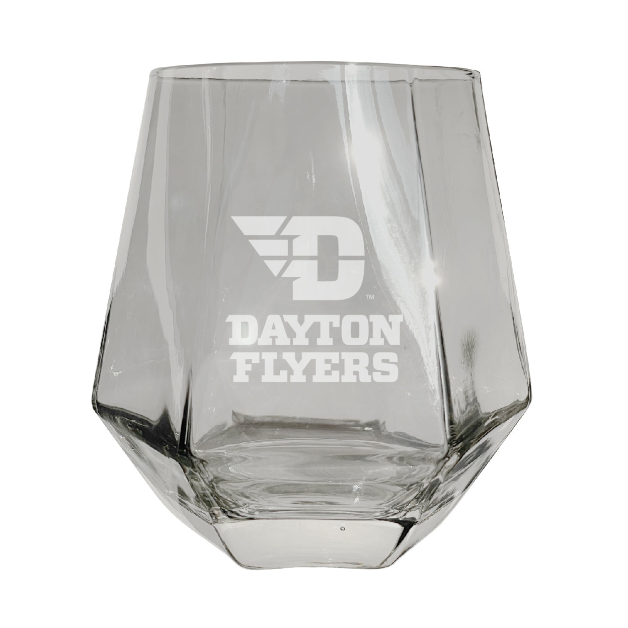 Dayton Flyers Etched Diamond Cut Stemless 10 Ounce Wine Glass Clear