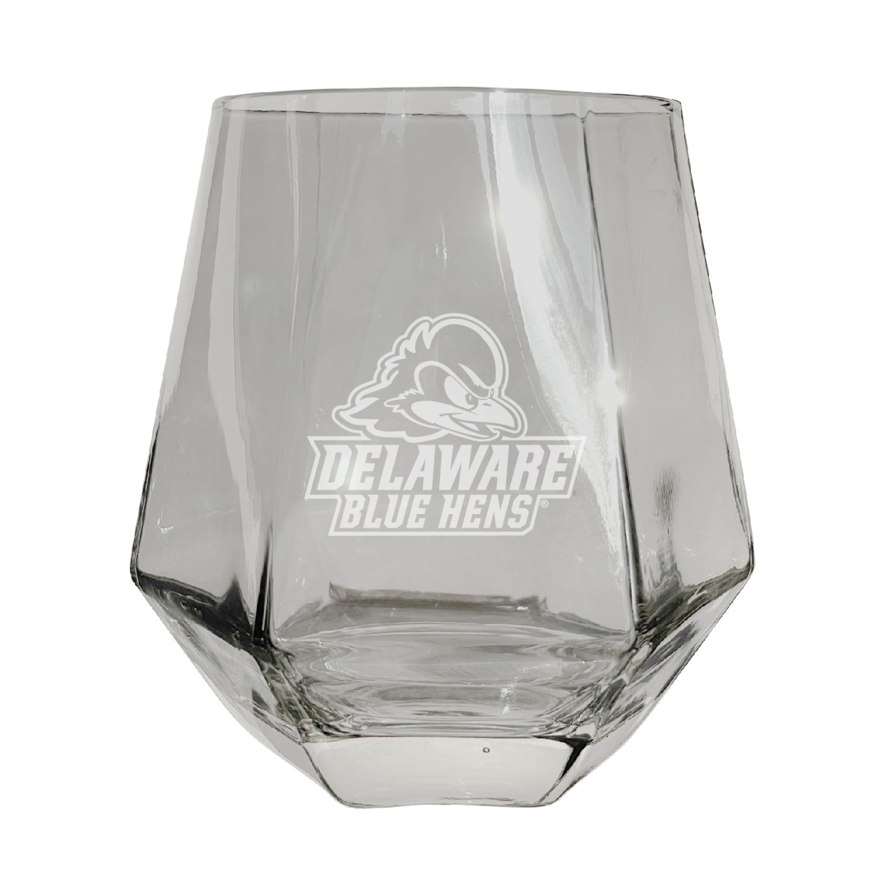 Delaware Blue Hens Etched Diamond Cut Stemless 10 Ounce Wine Glass Clear