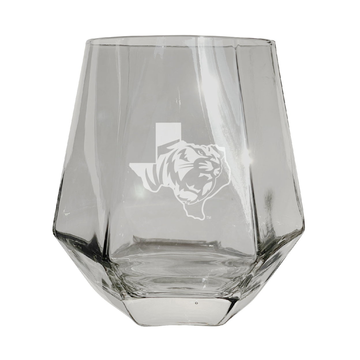 East Texas Baptist University Etched Diamond Cut Stemless 10 Ounce Wine Glass Clear