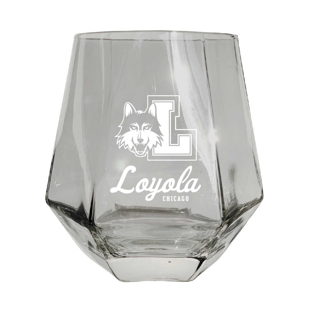Loyola University Ramblers Etched Diamond Cut Stemless 10 Ounce Wine Glass Clear