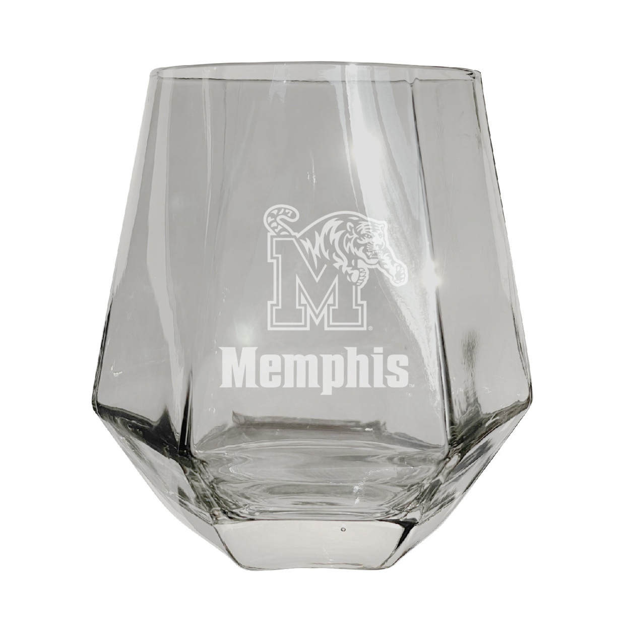 Memphis Tigers Etched Diamond Cut Stemless 10 Ounce Wine Glass Clear