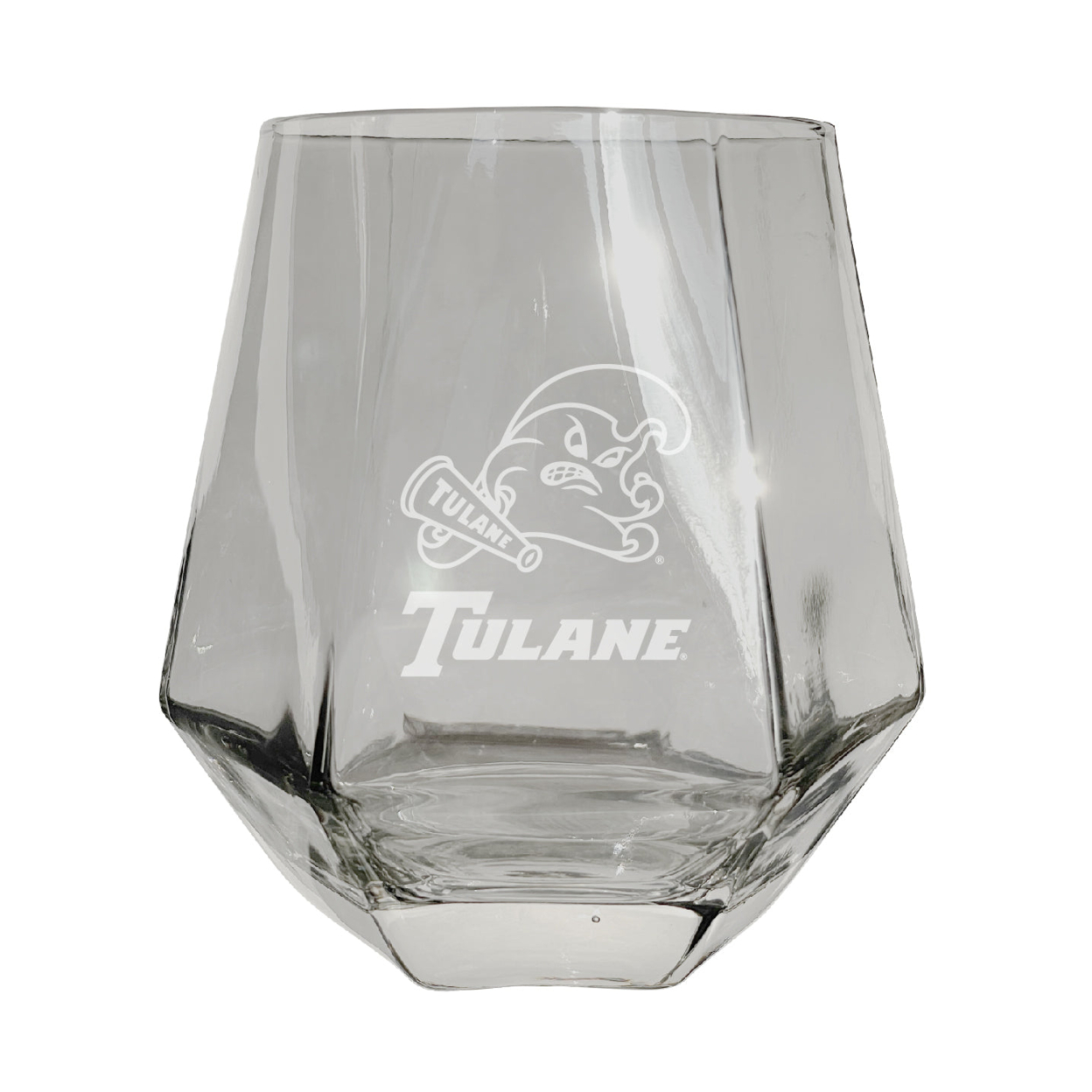 Tulane University Green Wave Etched Diamond Cut Stemless 10 Ounce Wine Glass Clear