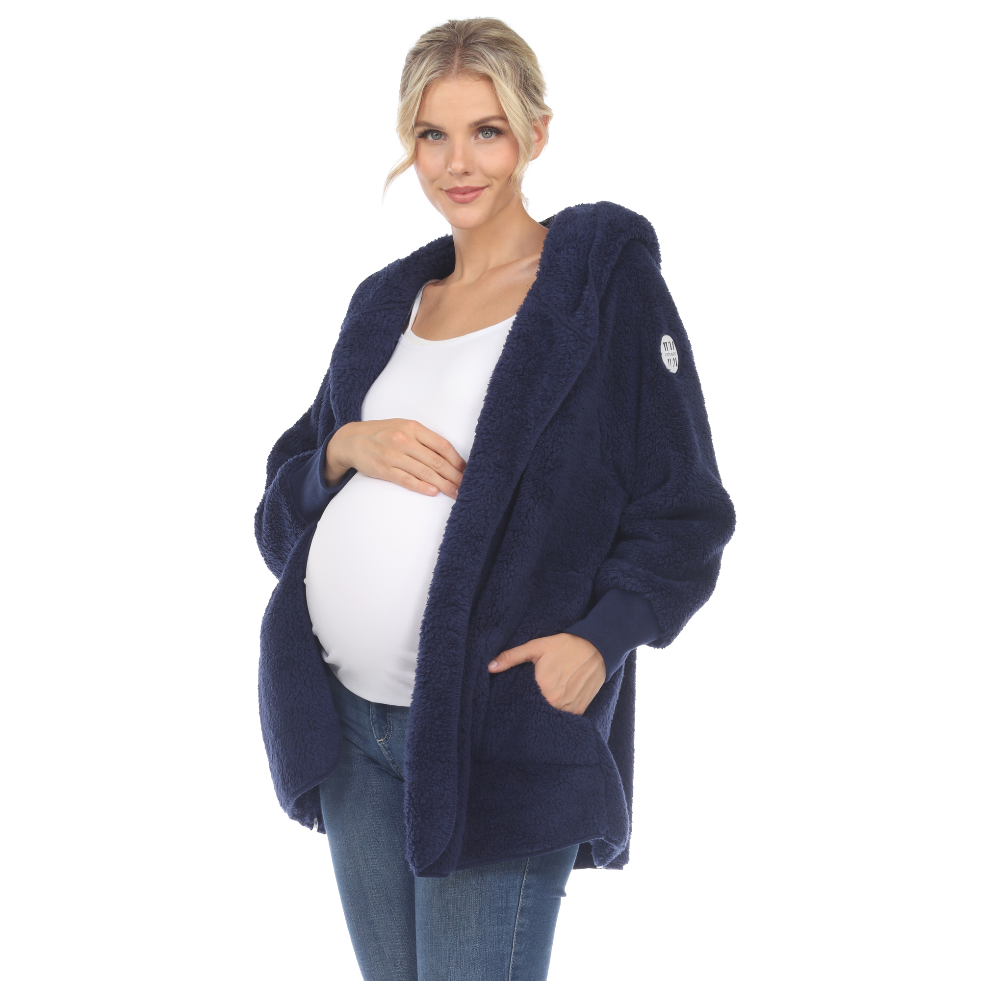 White Mark Womenâs Maternity Plush Hooded Cardigan With Pockets - Navy, 1X/2X