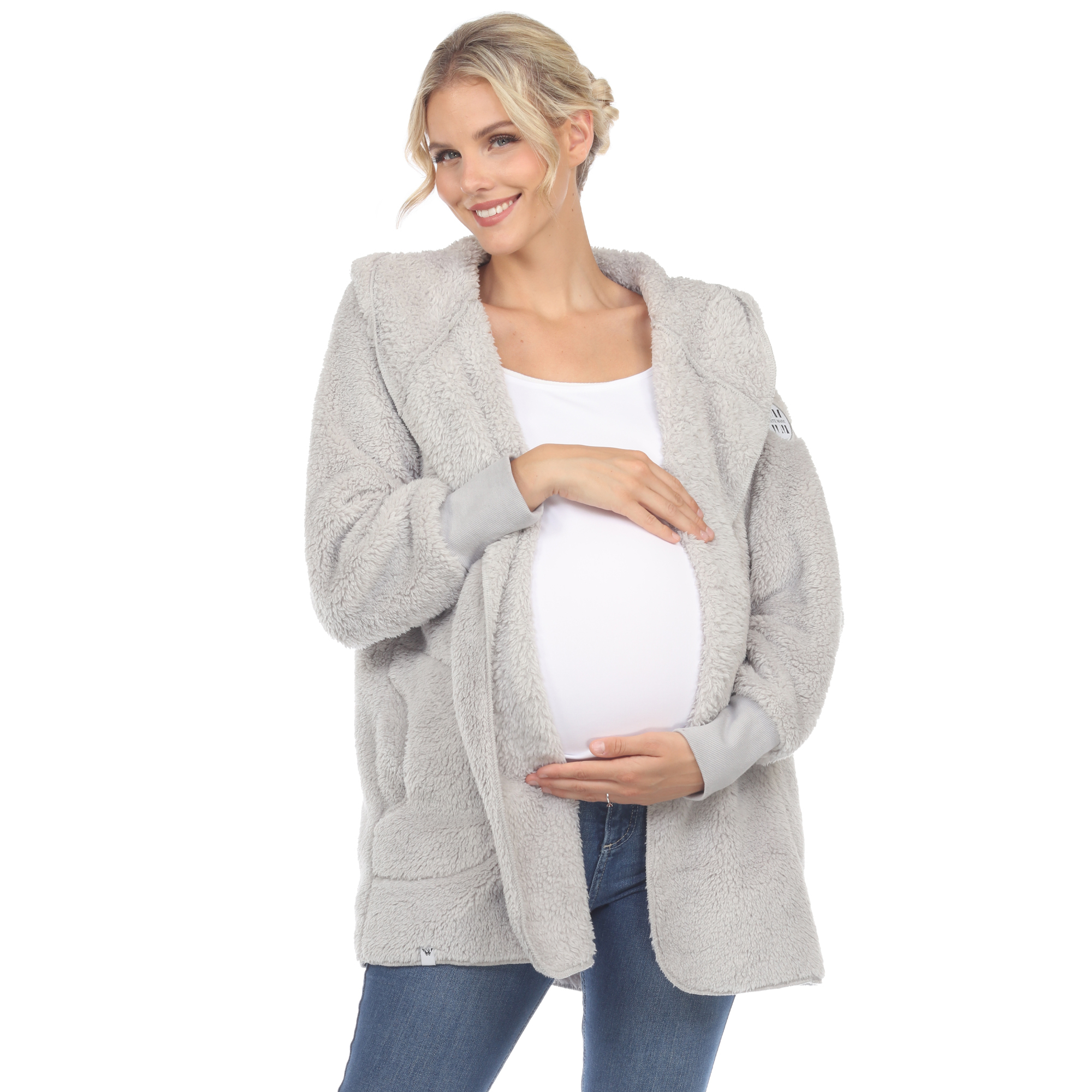 White Mark Womenâs Maternity Plush Hooded Cardigan With Pockets - Grey, L/XL
