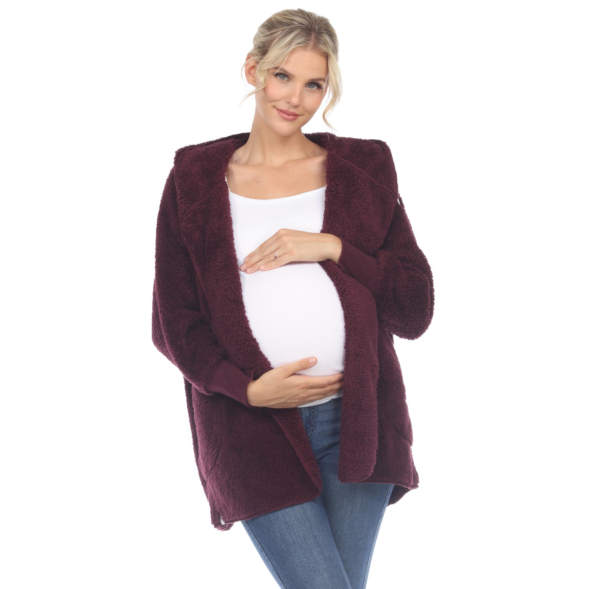 White Mark Womenâs Maternity Plush Hooded Cardigan With Pockets - Purple, 1X/2X