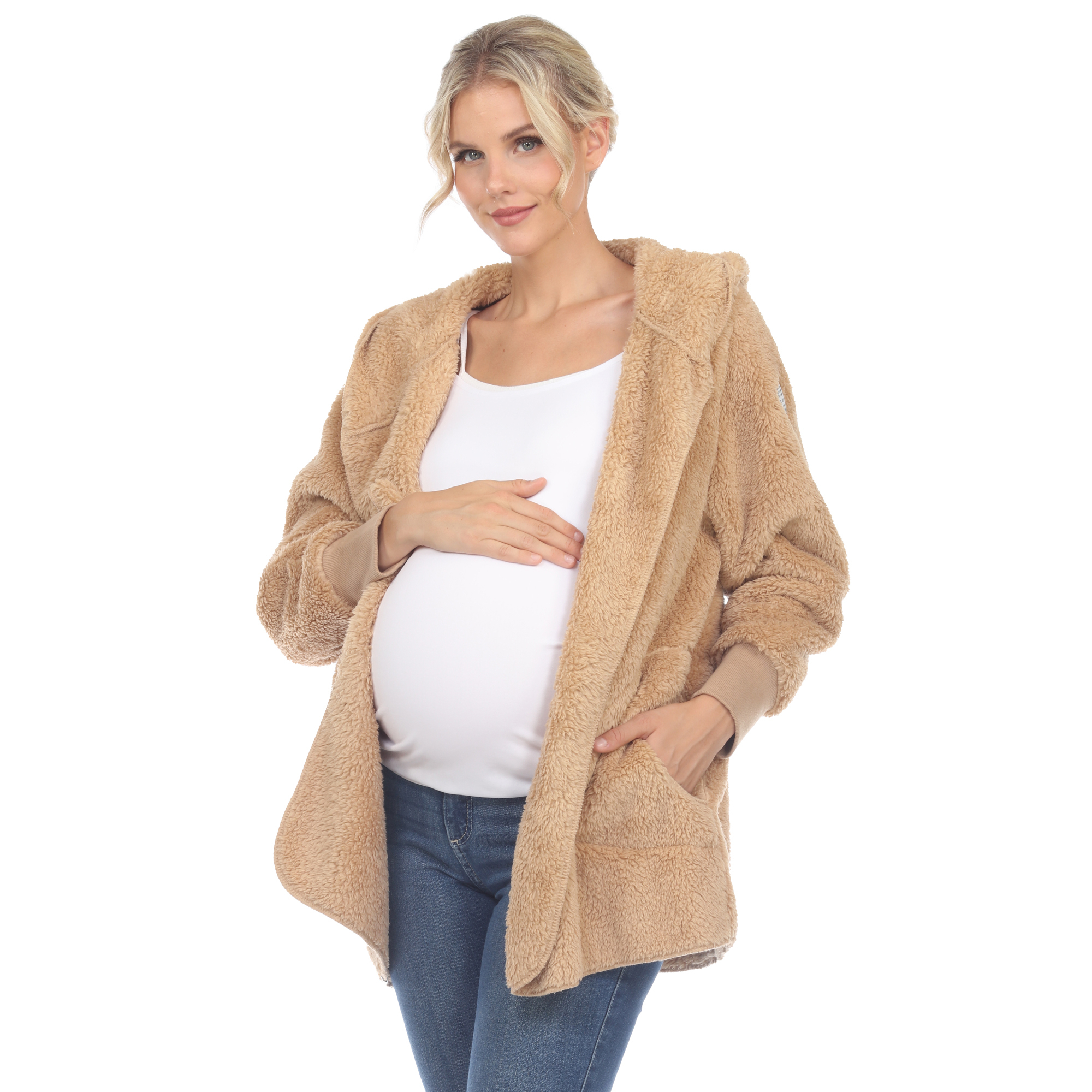 White Mark Womenâs Maternity Plush Hooded Cardigan With Pockets - Camel, L/XL