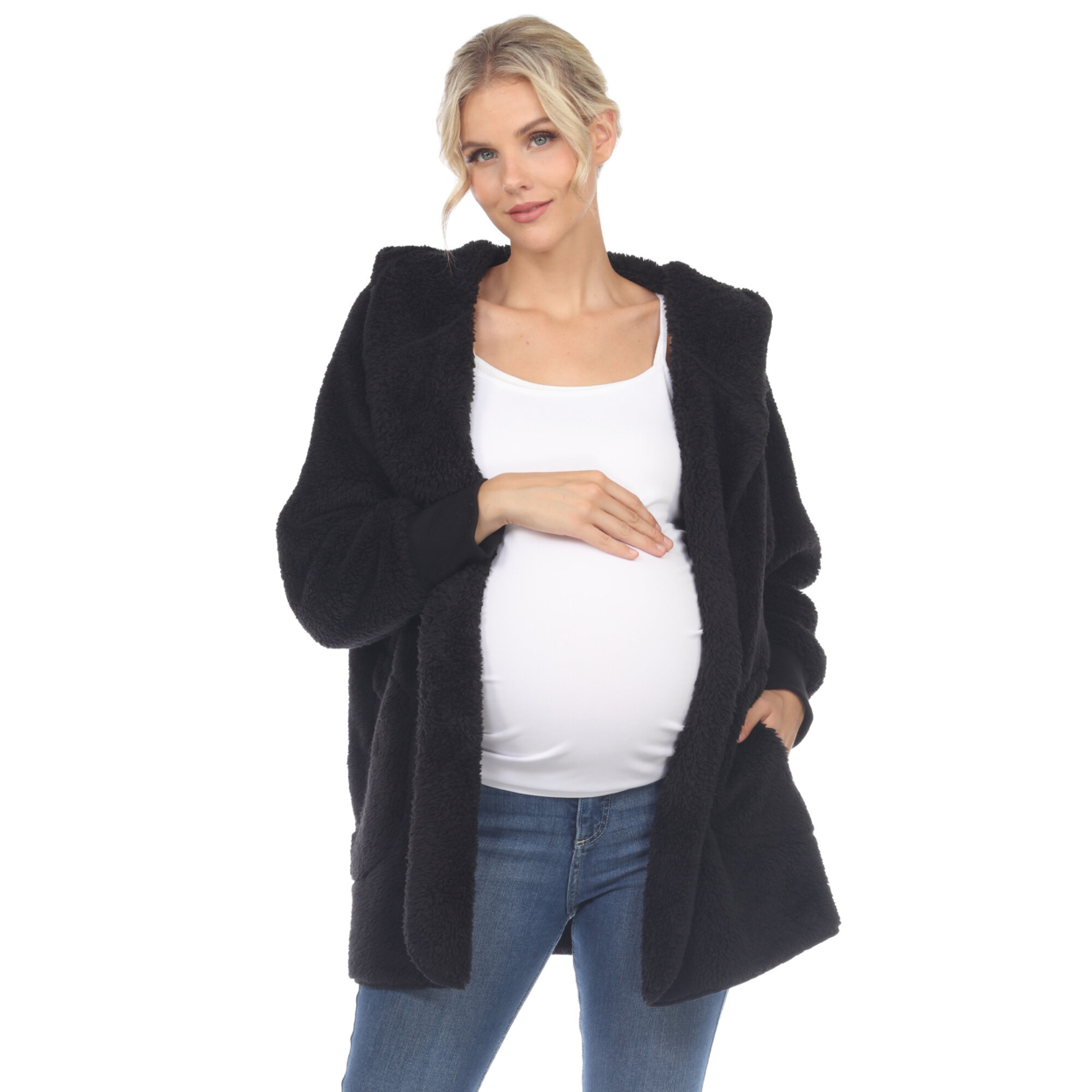 White Mark Womenâs Maternity Plush Hooded Cardigan With Pockets - Black, S/M