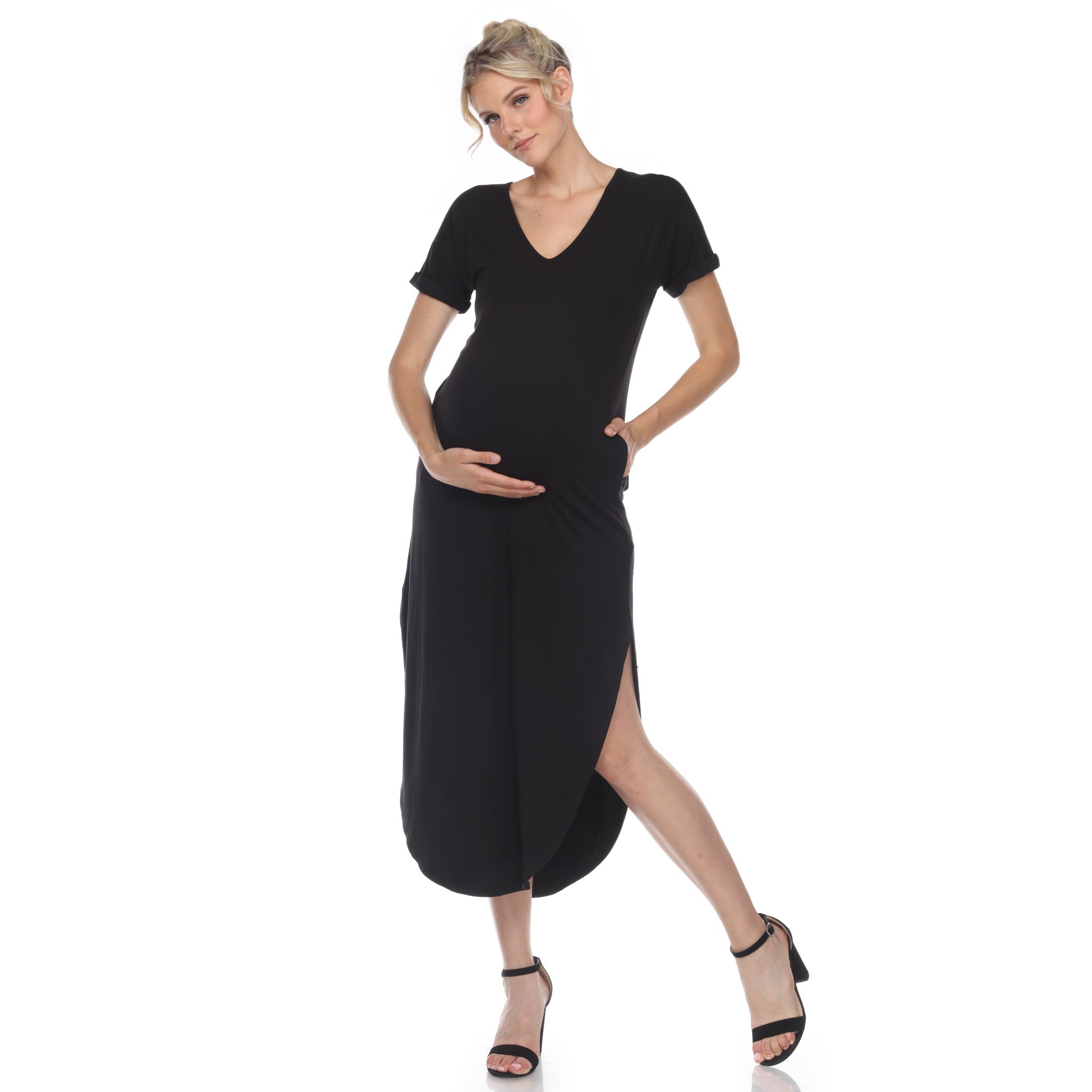 White Mark Womenâs Maternity V-neck Maxi Dress - Black, Medium