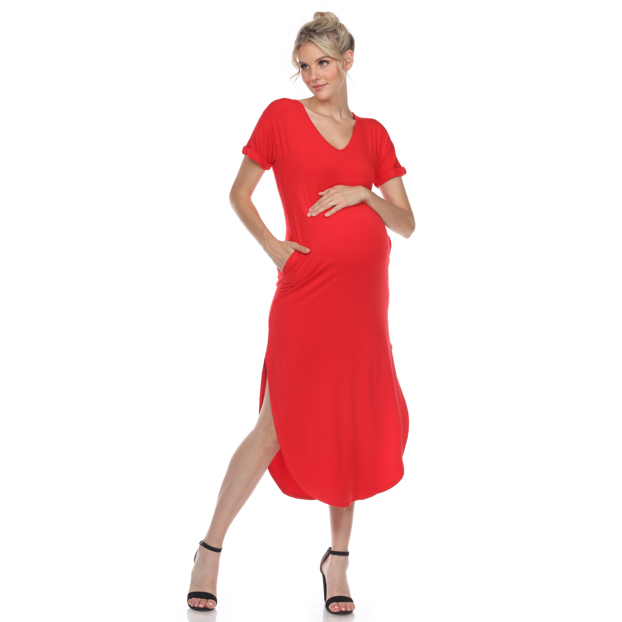 White Mark Womenâs Maternity V-neck Maxi Dress - Red, 2X