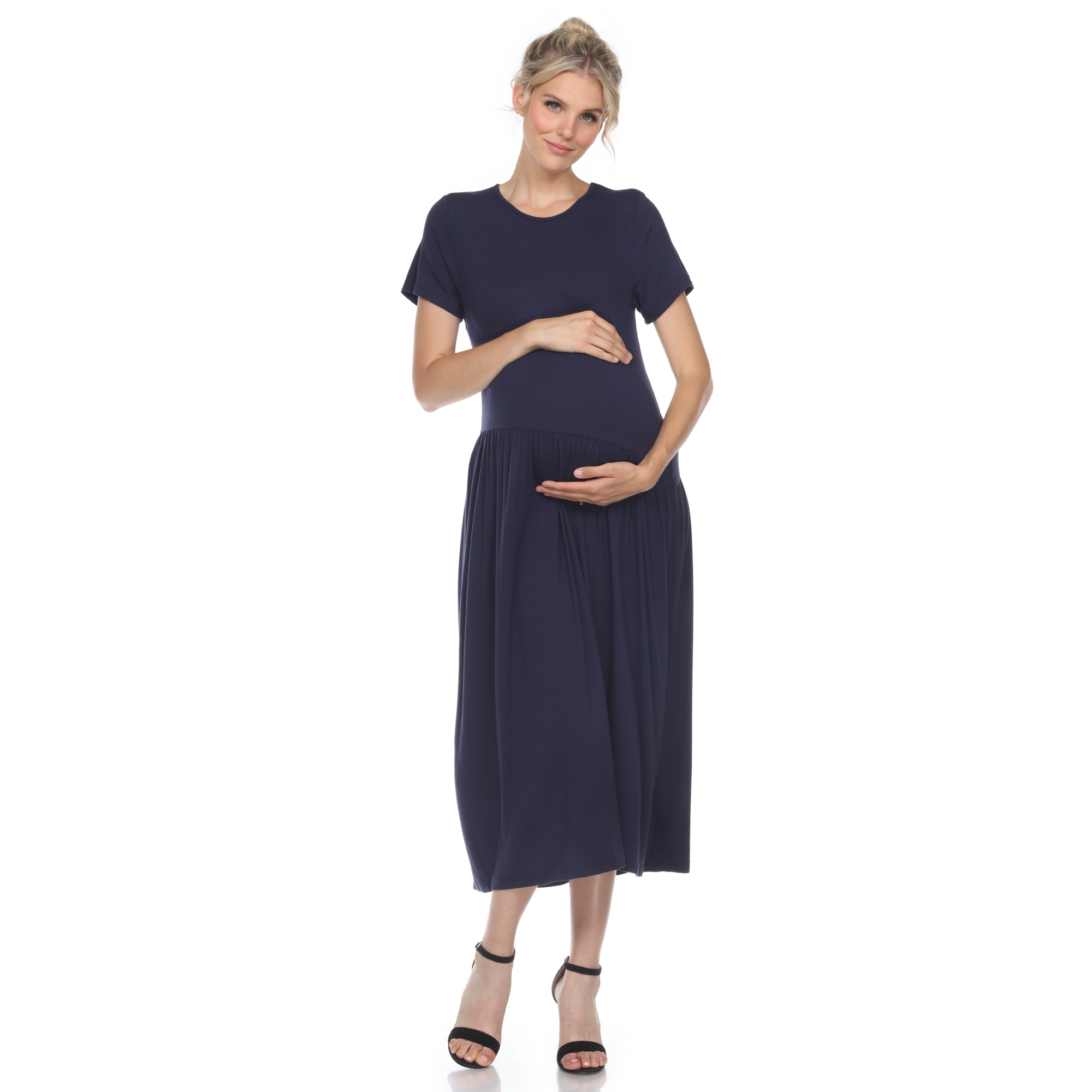 White Mark Womenâs Maternity Short Sleeve Maxi Dress - Navy, Small