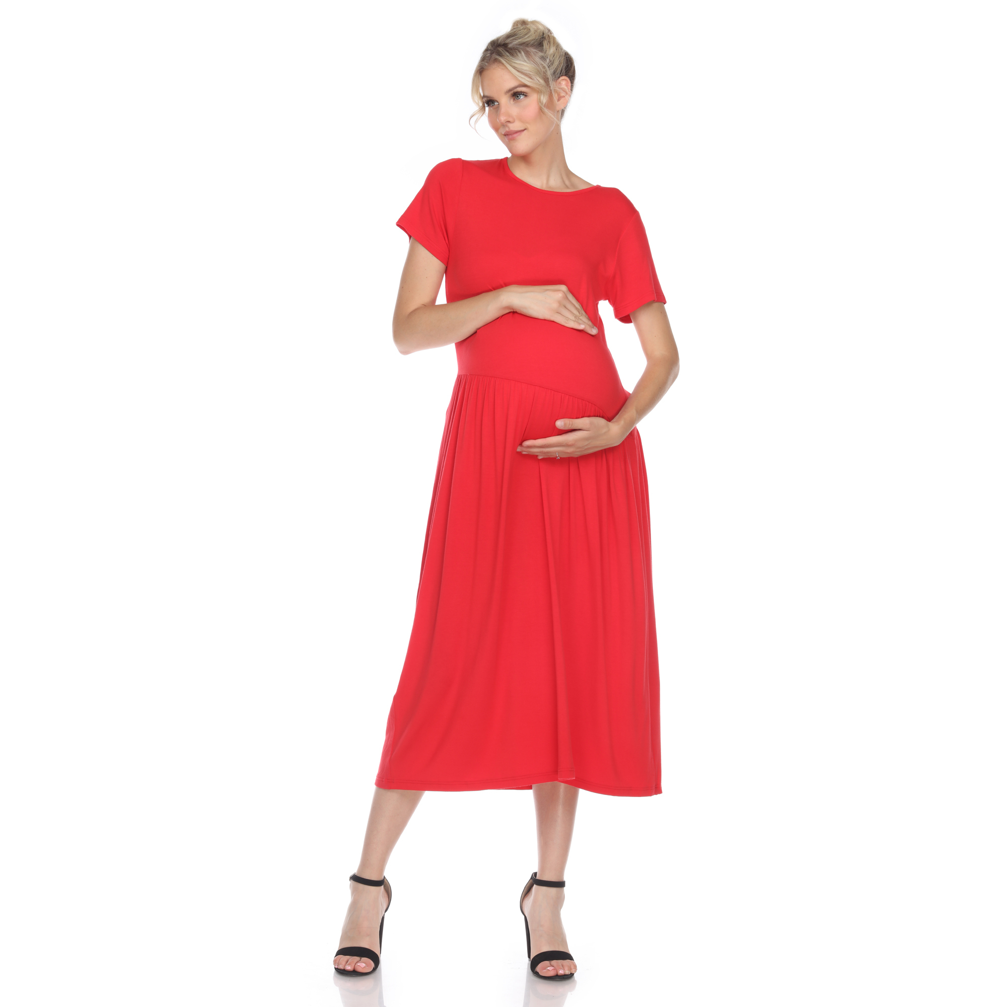 White Mark Womenâs Maternity Short Sleeve Maxi Dress - Red, Large