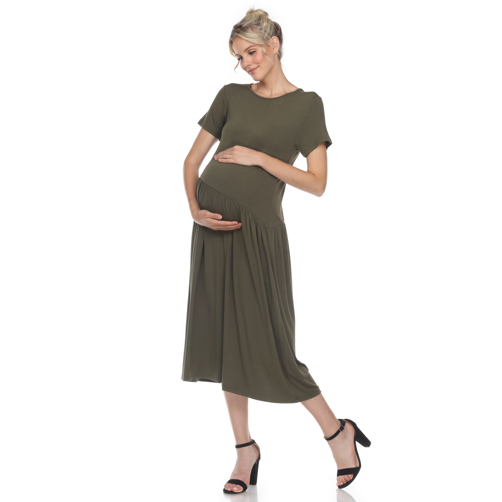 White Mark Womenâs Maternity Short Sleeve Maxi Dress - Olive, Large