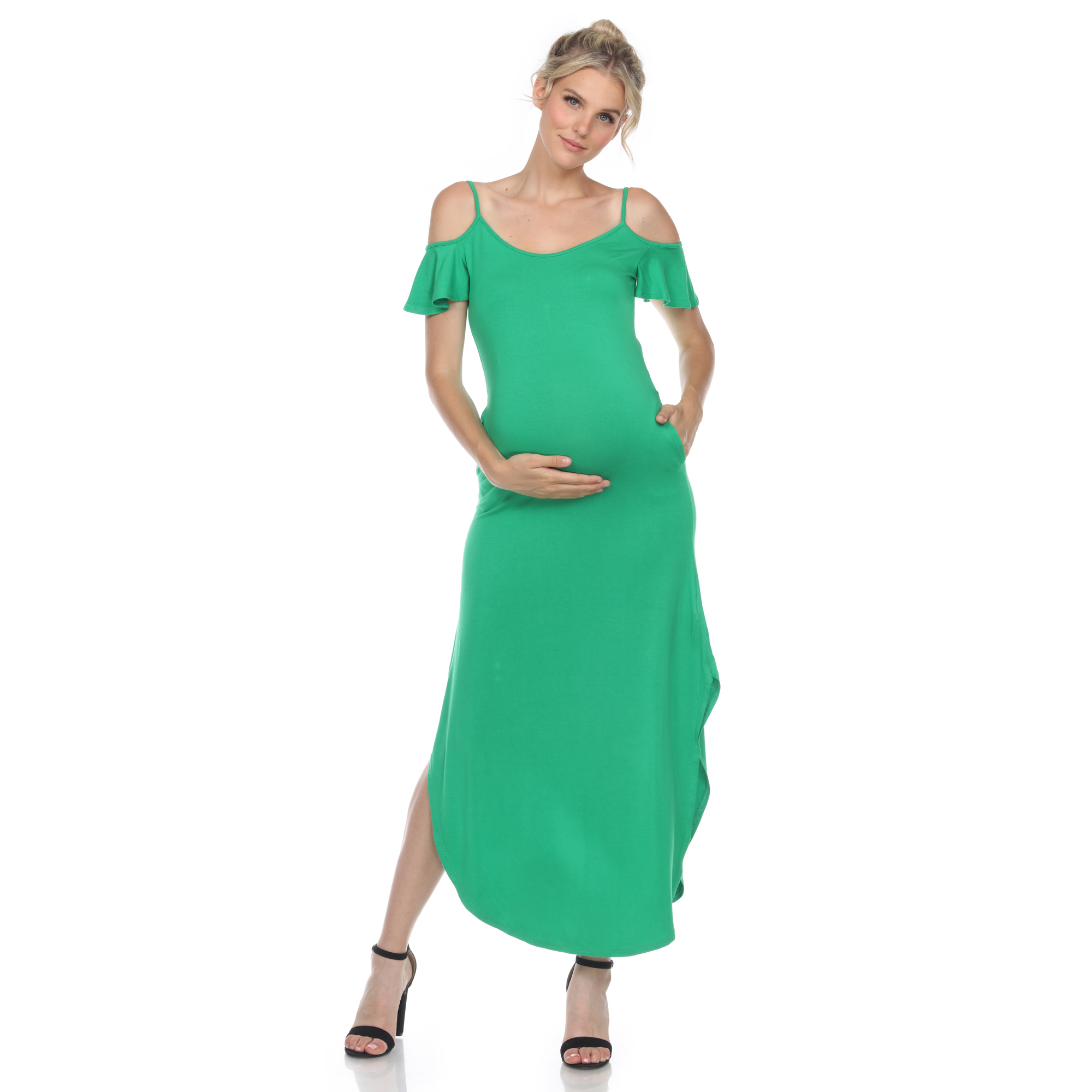 White Mark Women's Maternity Cold Shoulder Maxi Dress - Green, Large