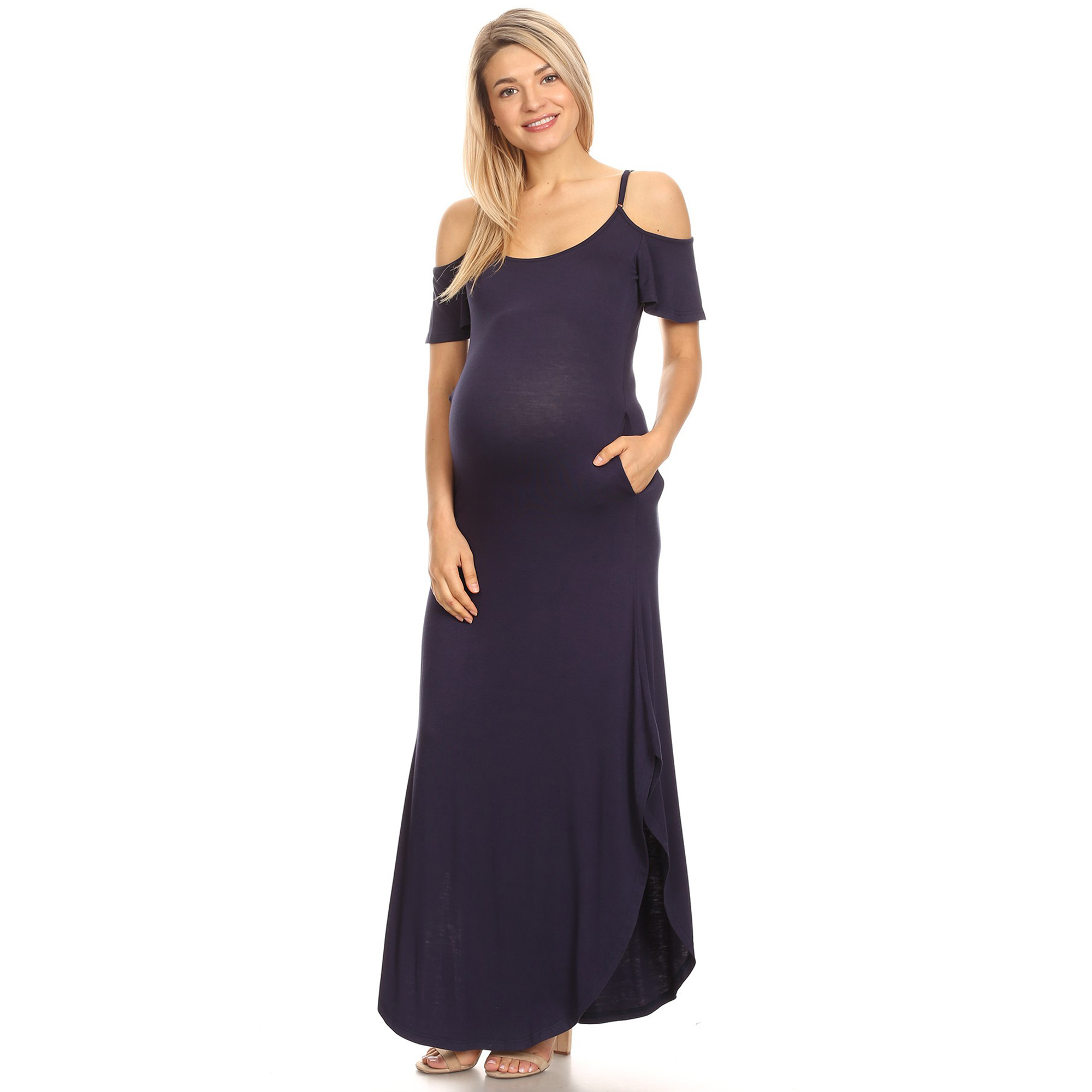 White Mark Women's Maternity Cold Shoulder Maxi Dress - Navy, 3X