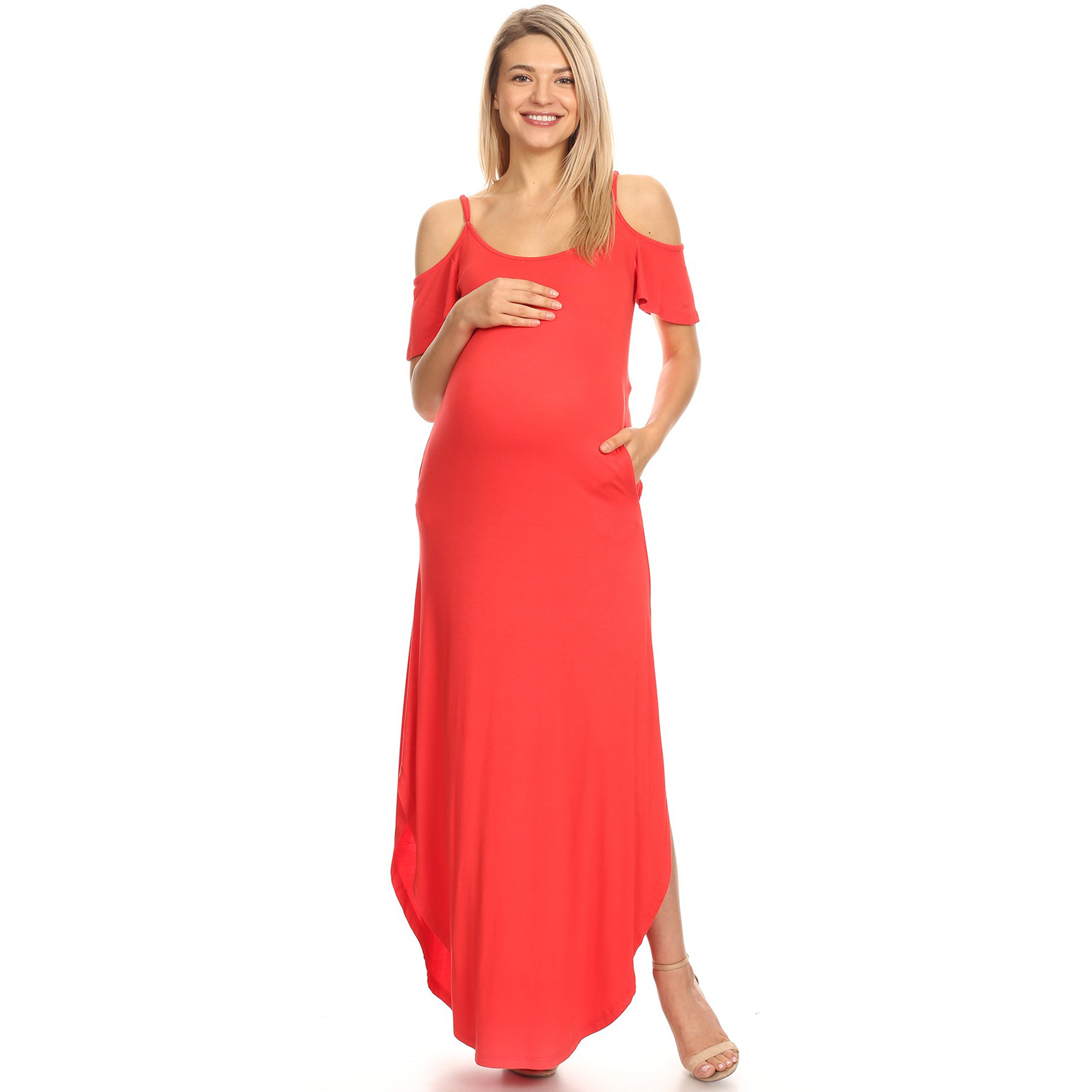 White Mark Women's Maternity Cold Shoulder Maxi Dress - Red, Medium
