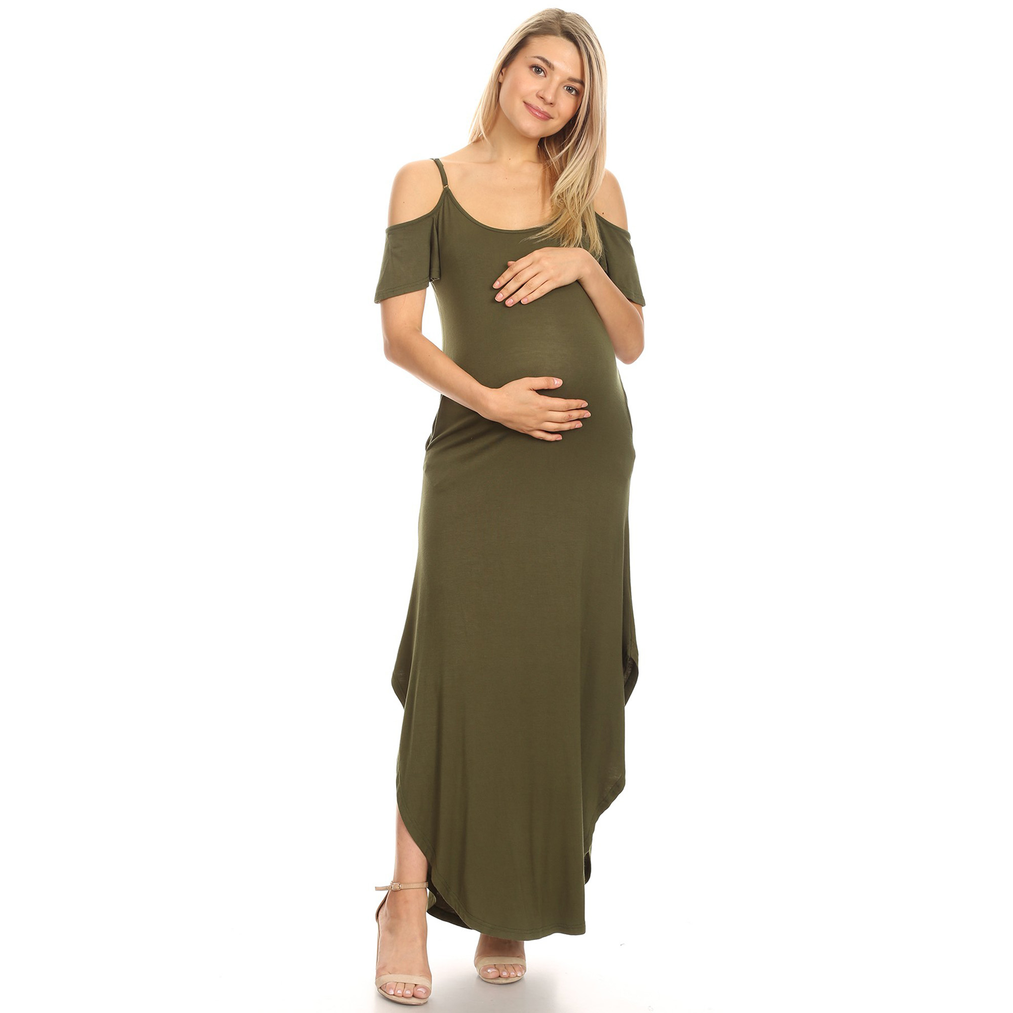 White Mark Women's Maternity Cold Shoulder Maxi Dress - Olive, 3X