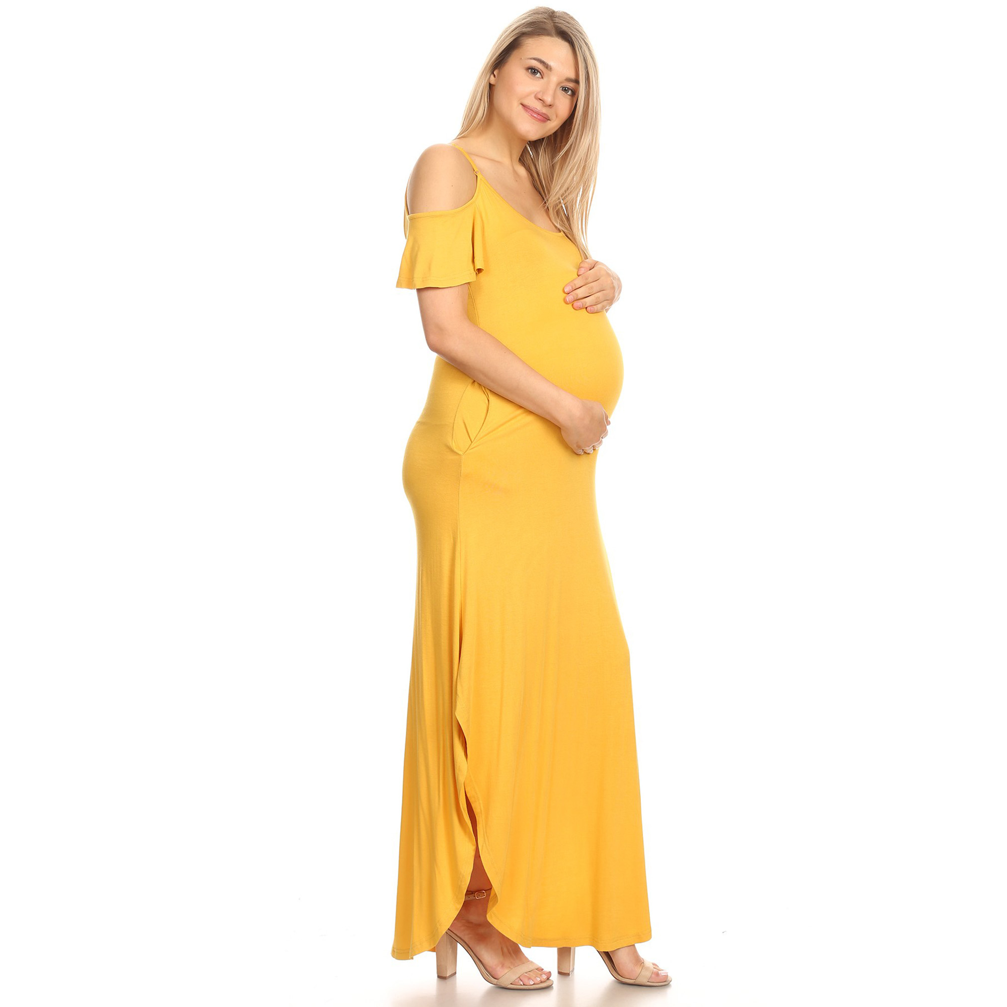 White Mark Women's Maternity Cold Shoulder Maxi Dress - Mustard, 3X