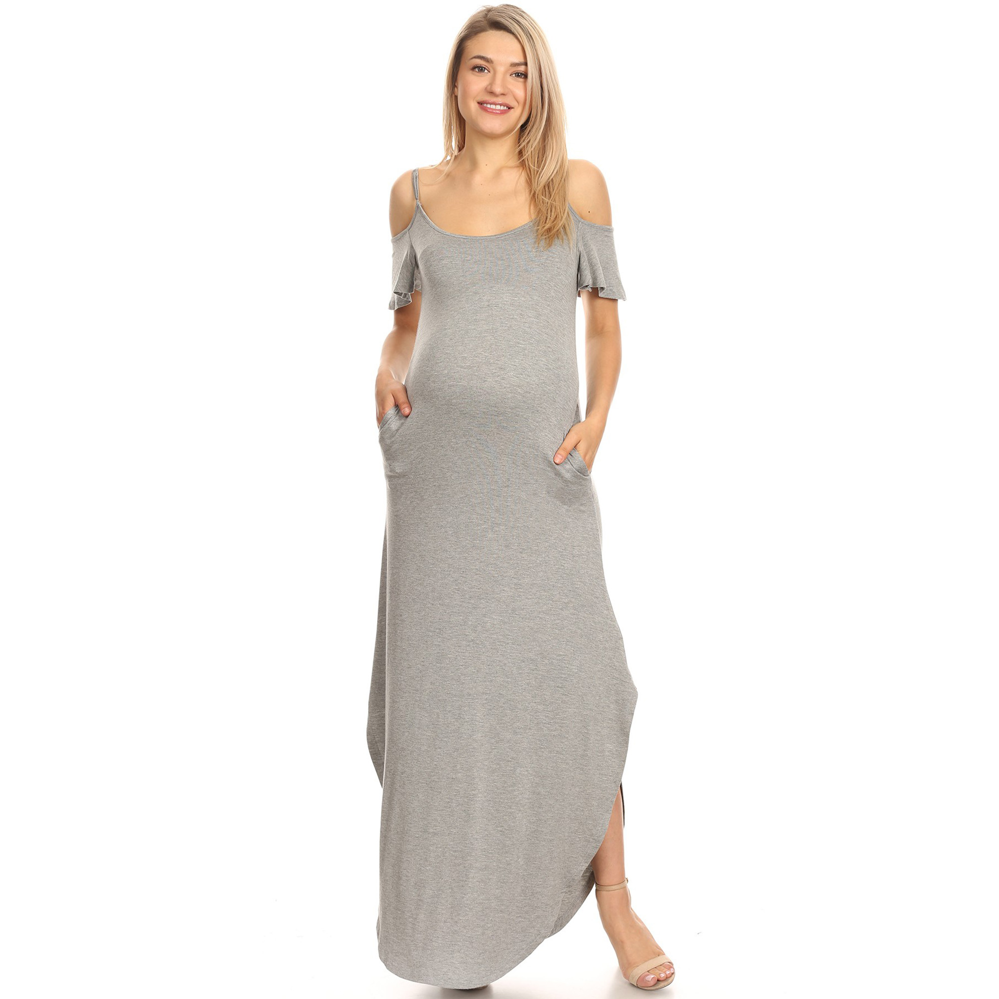 White Mark Women's Maternity Cold Shoulder Maxi Dress - Heather Grey, Large