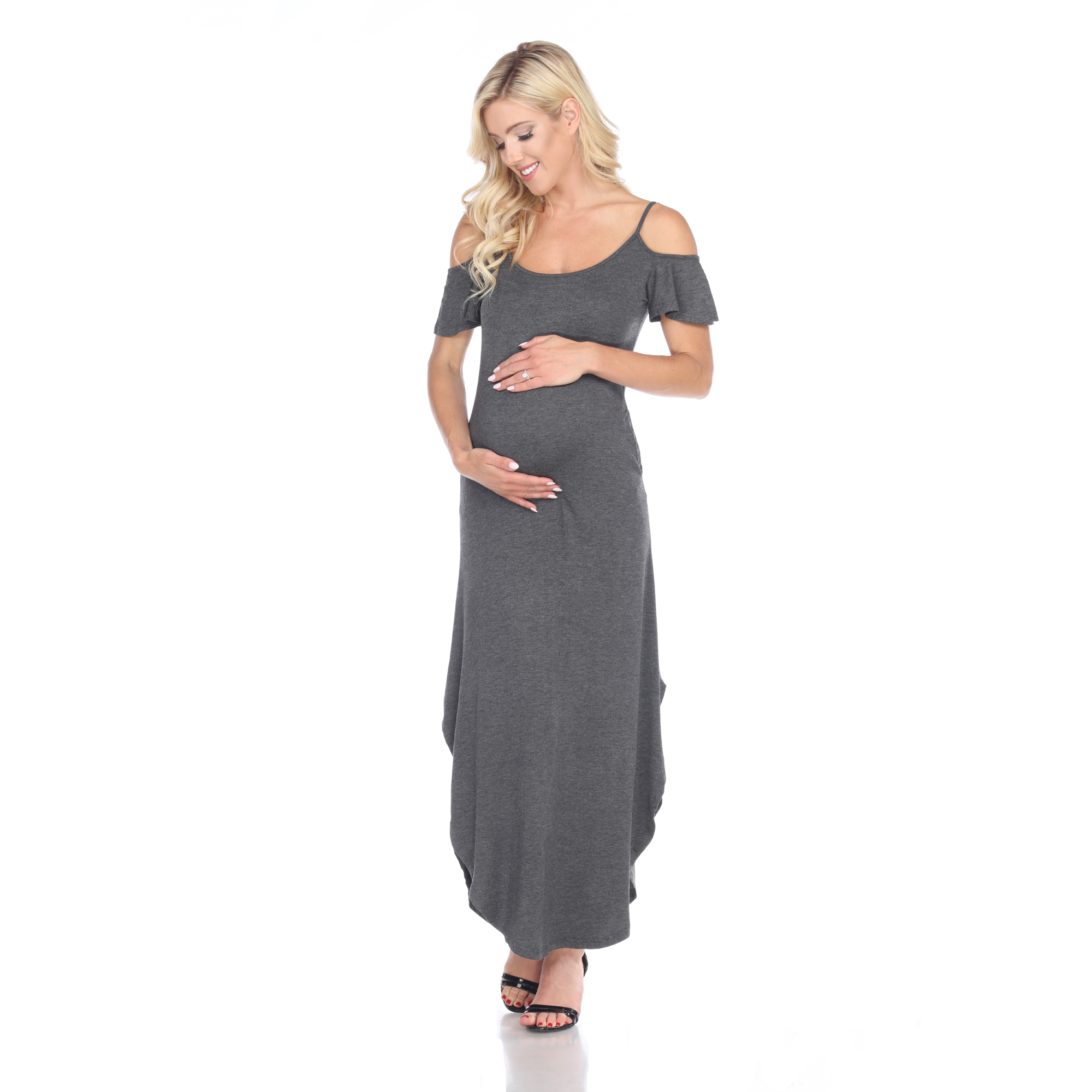 White Mark Women's Maternity Cold Shoulder Maxi Dress - Charcoal, Medium