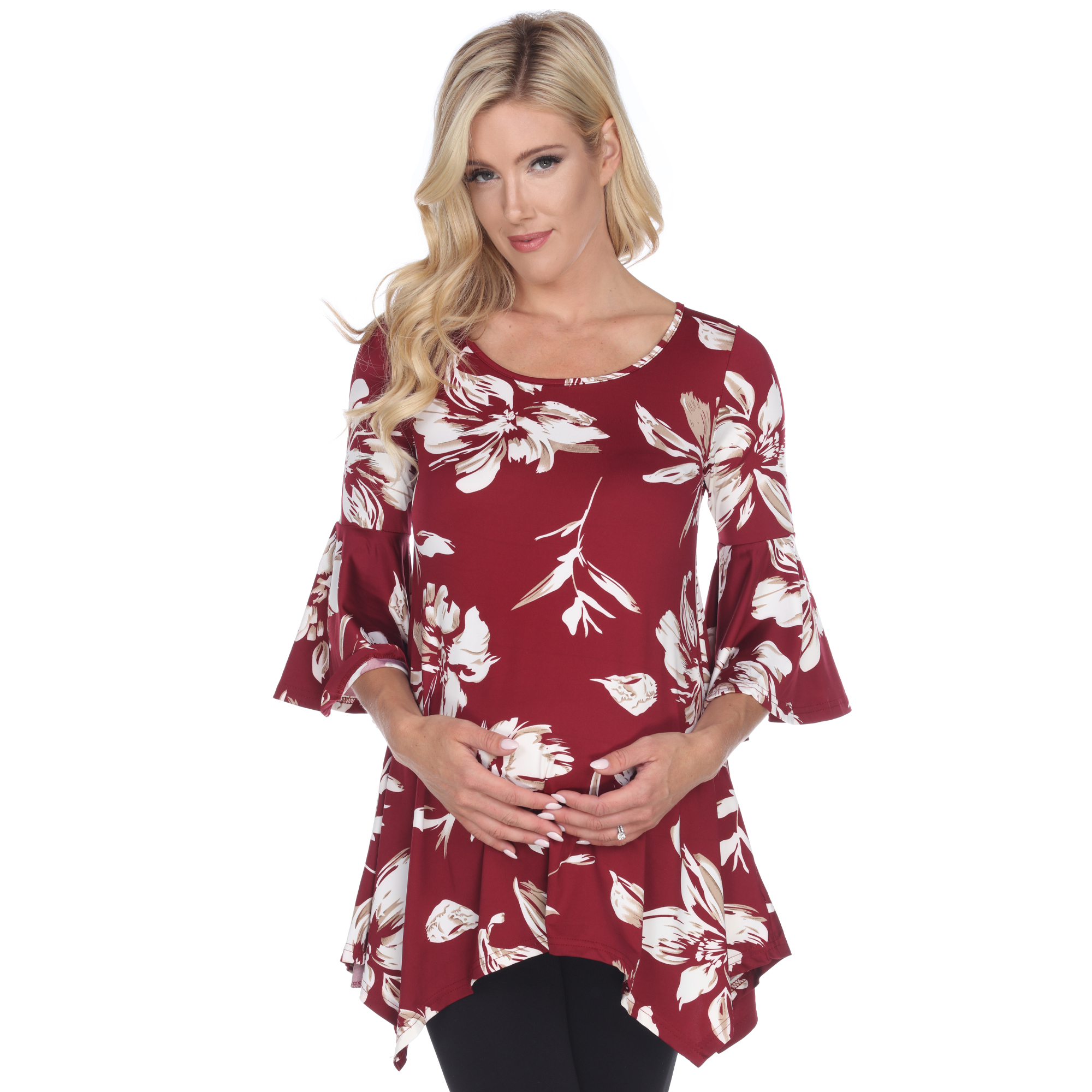 White Mark Women's Maternity Floral Print Quarter Sleeve Tunic Top With Pockets - Red, Medium