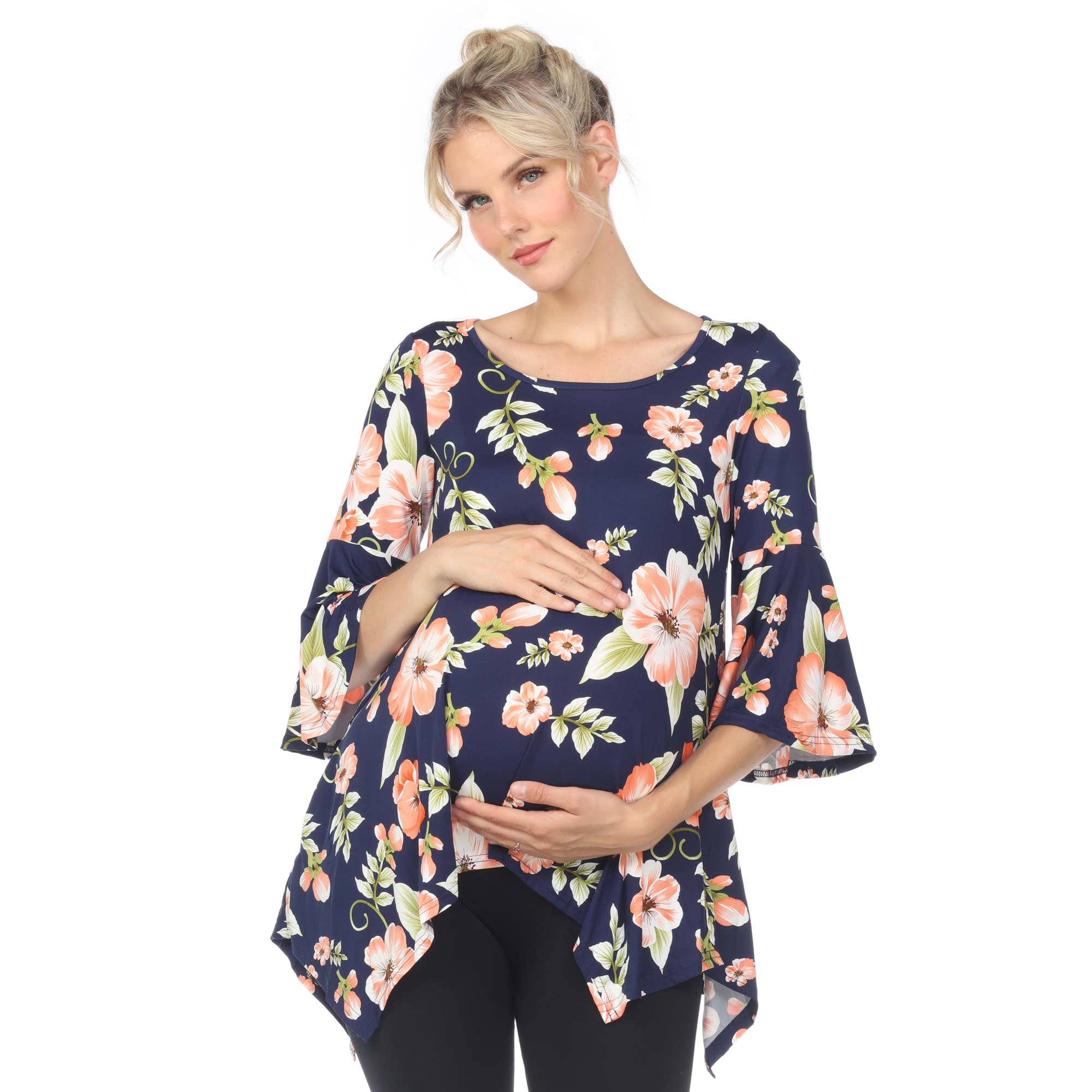 White Mark Women's Maternity Floral Print Quarter Sleeve Tunic Top With Pockets - Peach Flower, Large