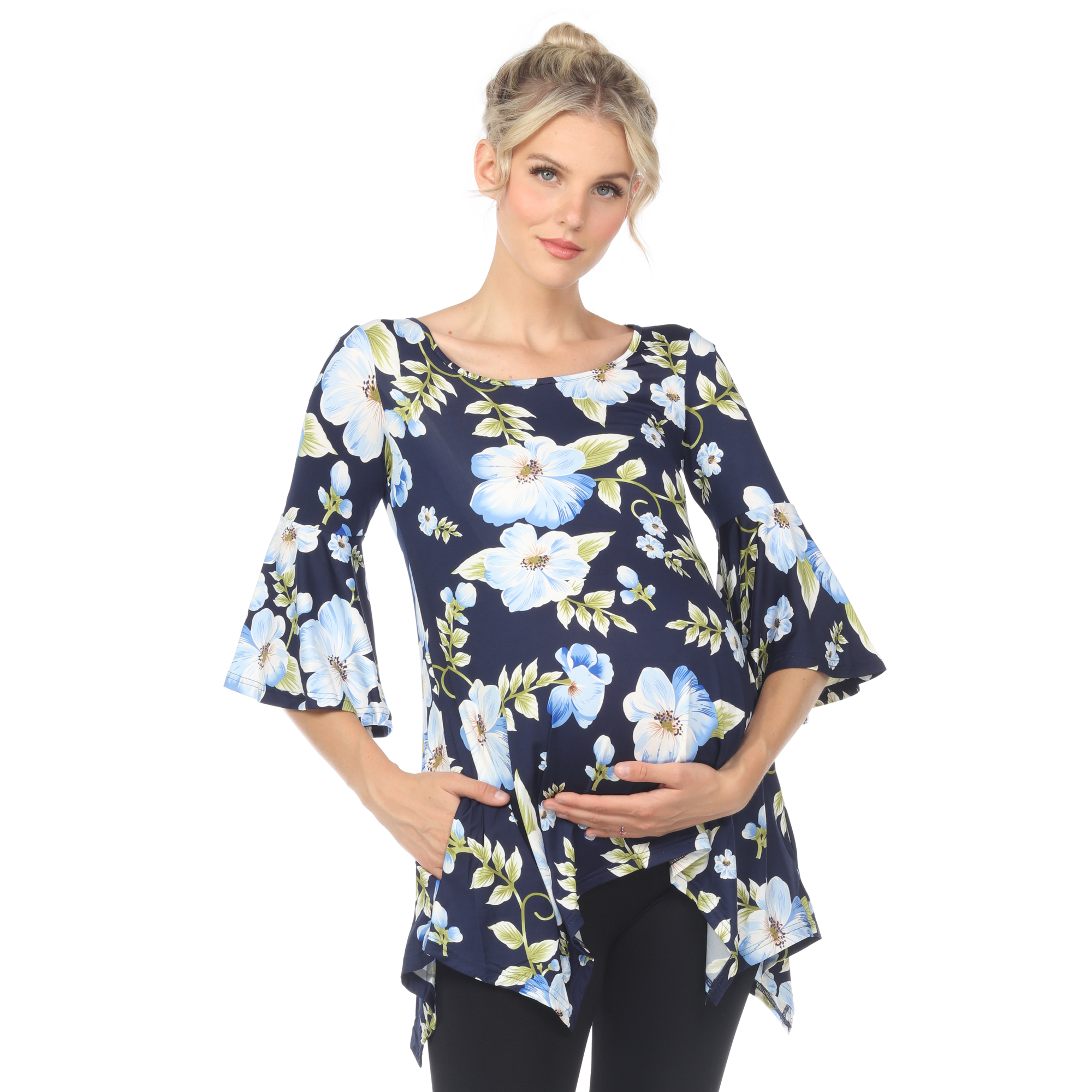 White Mark Women's Maternity Floral Print Quarter Sleeve Tunic Top With Pockets - Blue Flower, Small