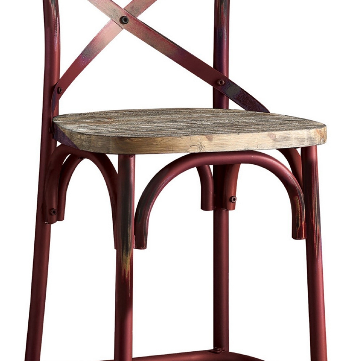 Chad 29 Inch Modern Bar Height Chair, Footrest, X Backrest, Wood, Red, Oak- Saltoro Sherpi