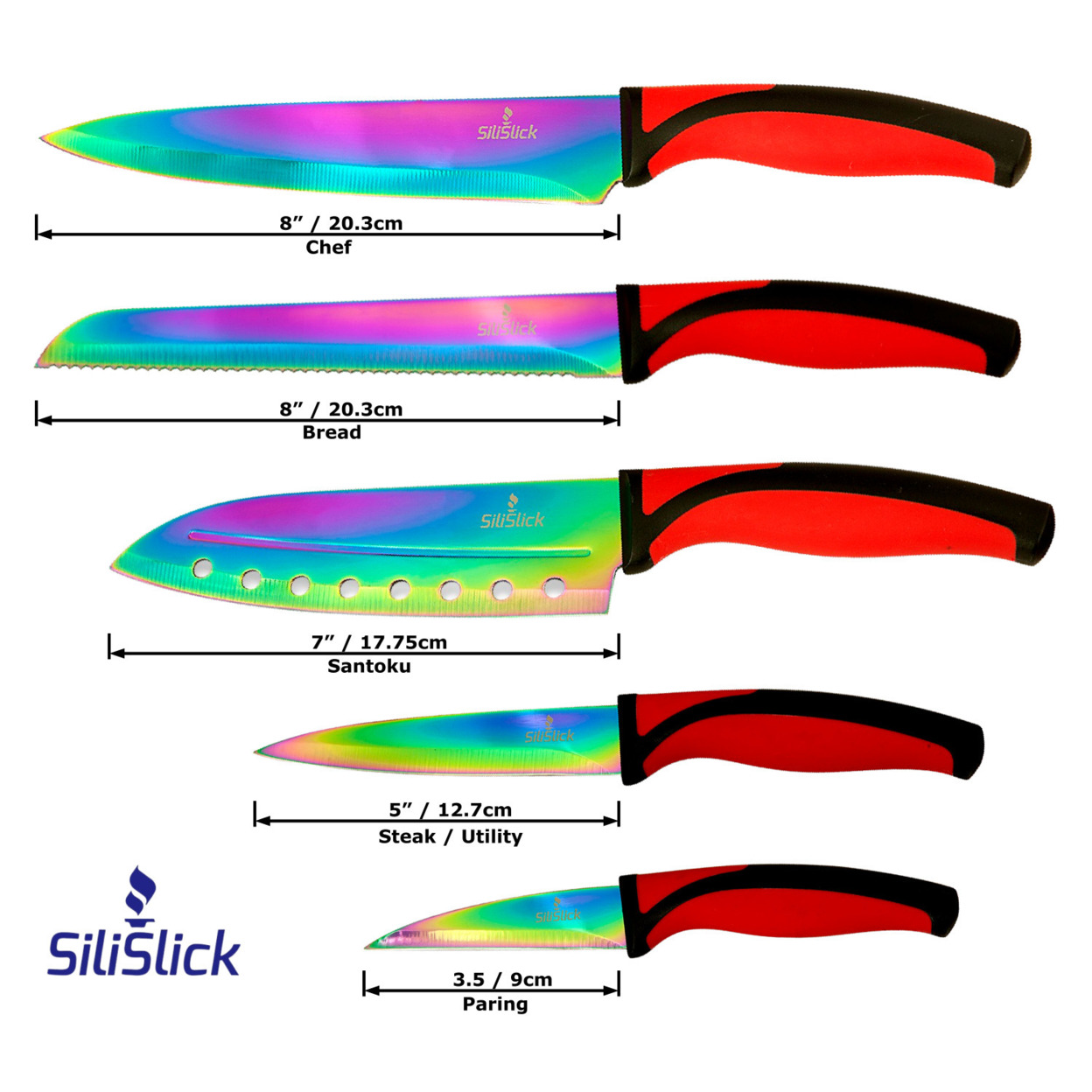 Silislick Stainless Steel Knife Set - Titanium Coated Utility Knife, Santoku,