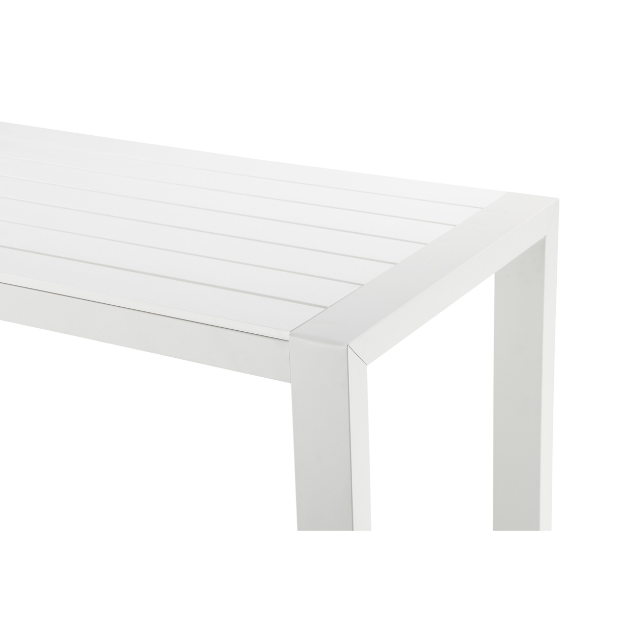 Kylo 59 Inch Outdoor Bar Height Table, White Aluminum Frame, Plank Surface- Saltoro Sherpi