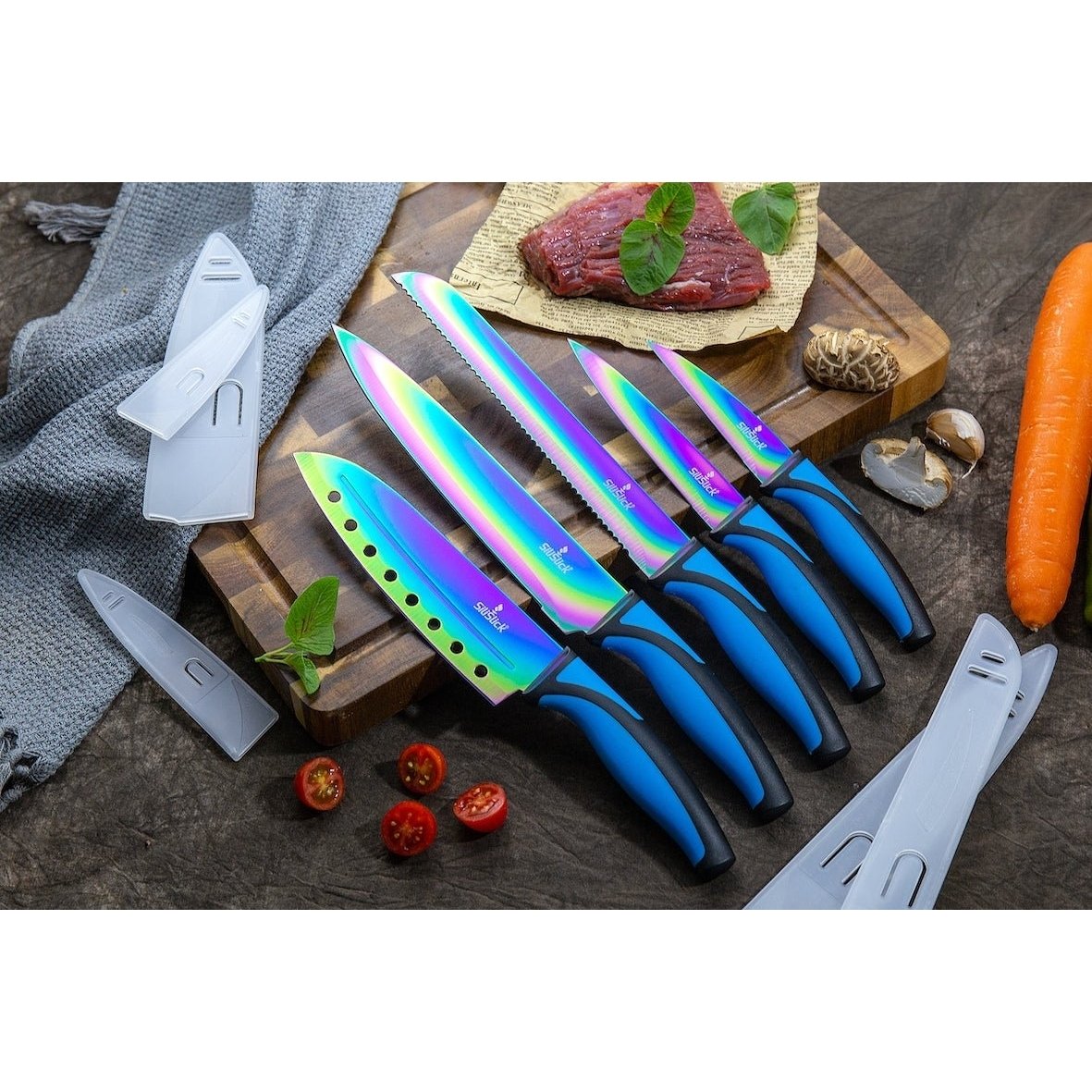 SiliSlick Stainless Steel Blue Handle Knife Set - Titanium Coated Stainless Steel Kitchen Utility Knife, Santoku, Bread, Chef, & Paring