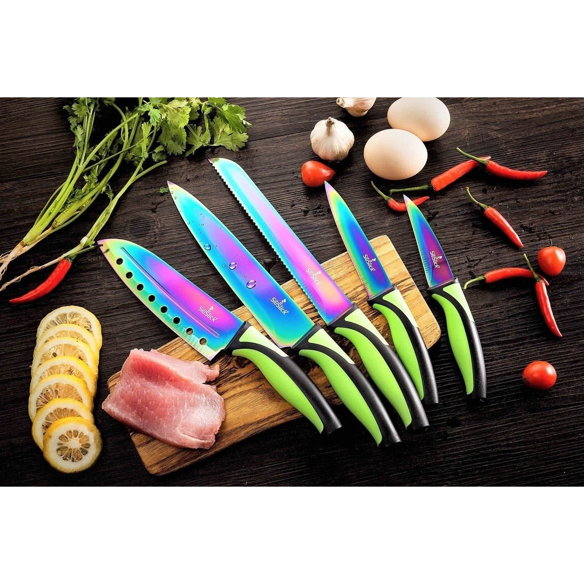 SiliSlick Stainless Steel Green Handle Knife Set - Titanium Coated Stainless Steel Kitchen Utility Knife, Santoku, Bread, Chef, & Paring