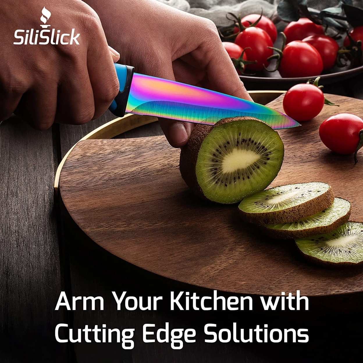 SiliSlick Stainless Steel Steak Knife Green Handle Set Of 4 - Titanium Coated Rainbow Iridescent Kitchen Straight Edge For Cutting Meat