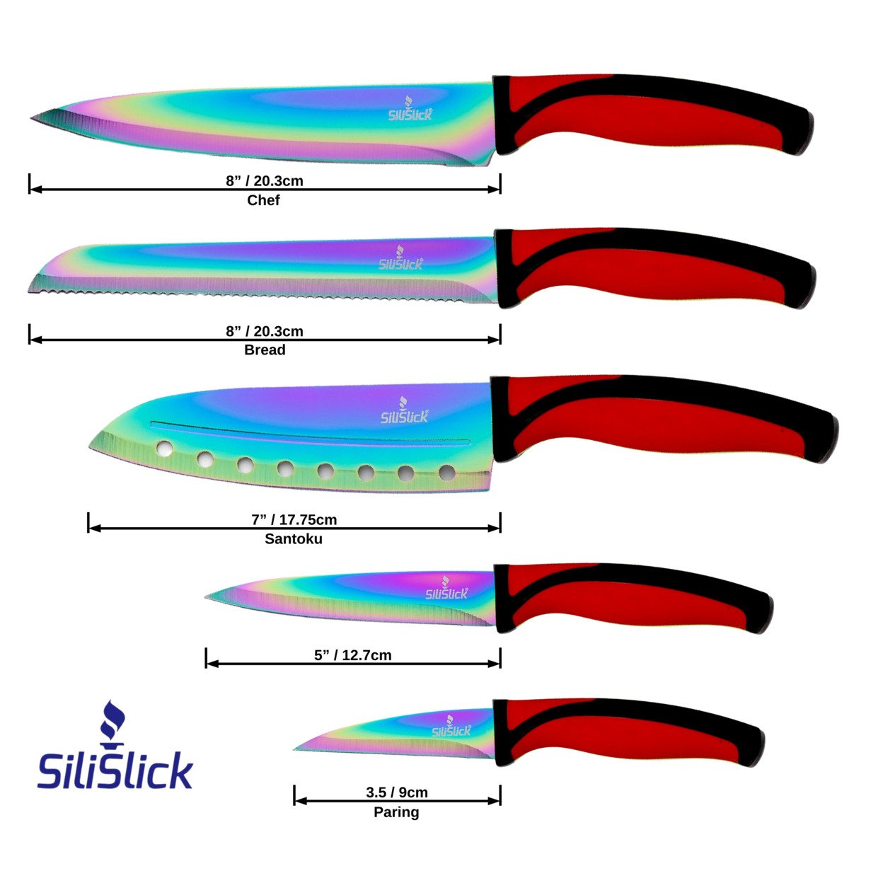 Silislick Stainless Steel Knife Set - Titanium Coated Utility Knife, Santoku,