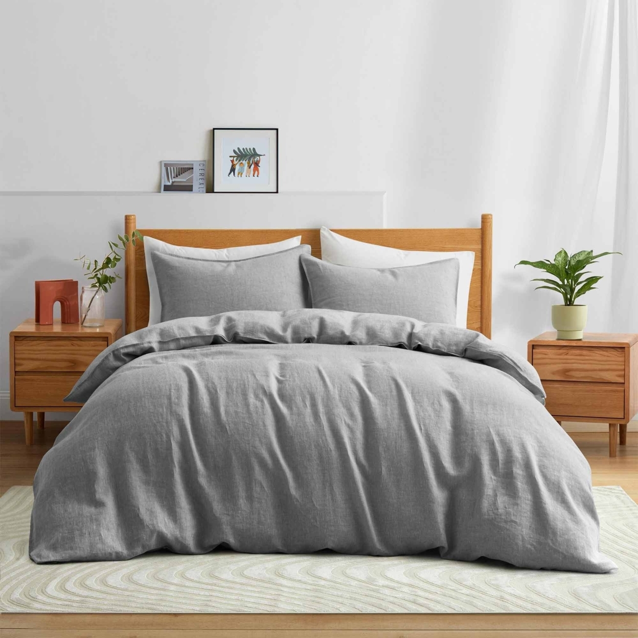 Premium Flax Linen Duvet Cover Set With Pillowcases Moisture Wicking And Breathable - Light Grey, Full/Queen