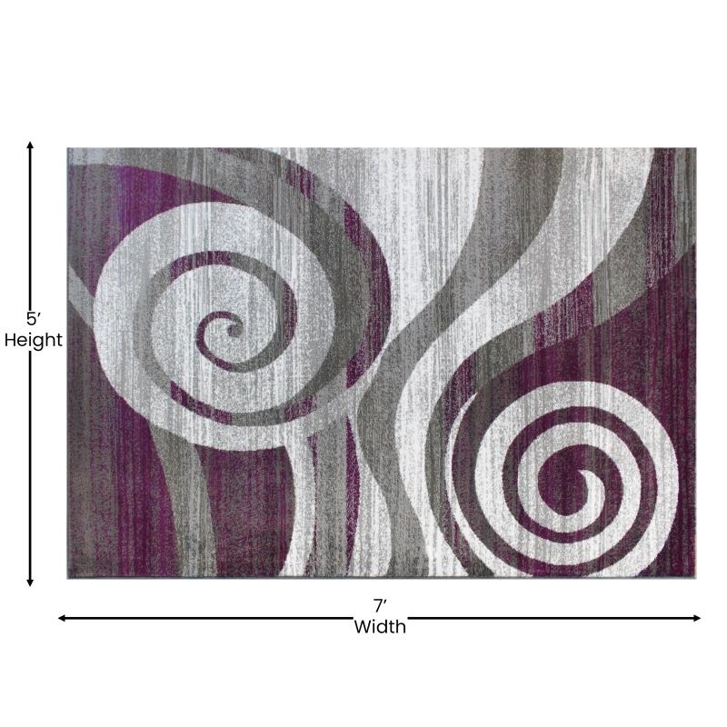 Cirrus Collection 5' X 7' Purple Swirl Patterned Olefin Area Rug With Jute Backing For Entryway, Living Room, Bedroom