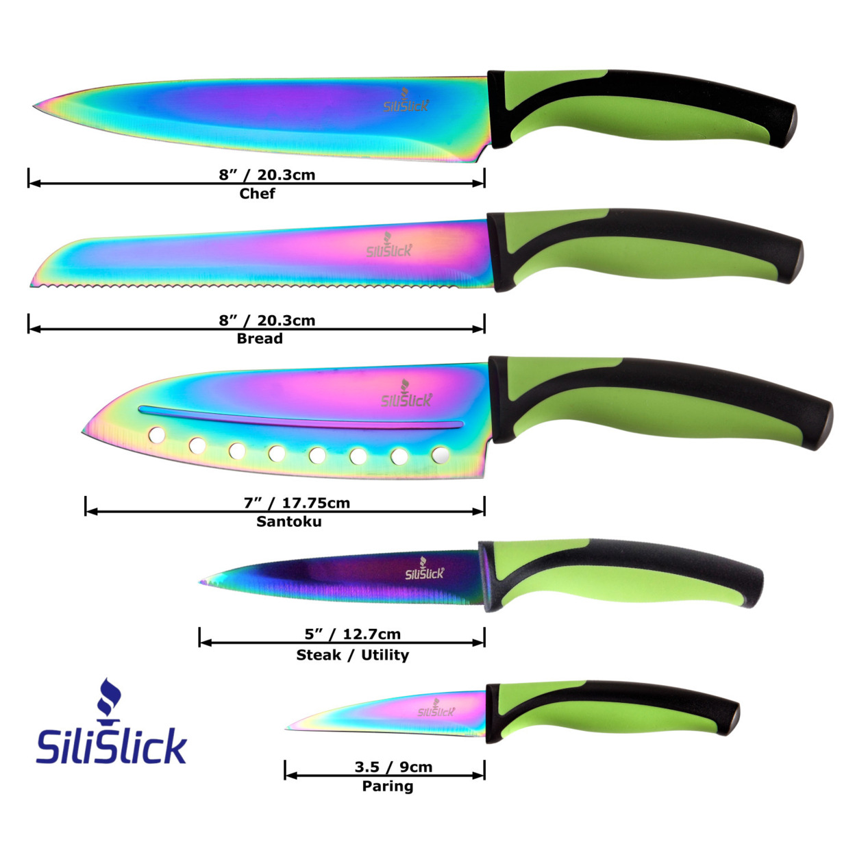 Silislick Stainless Steel Knife Set - Titanium Coated Utility Knife, Santoku,