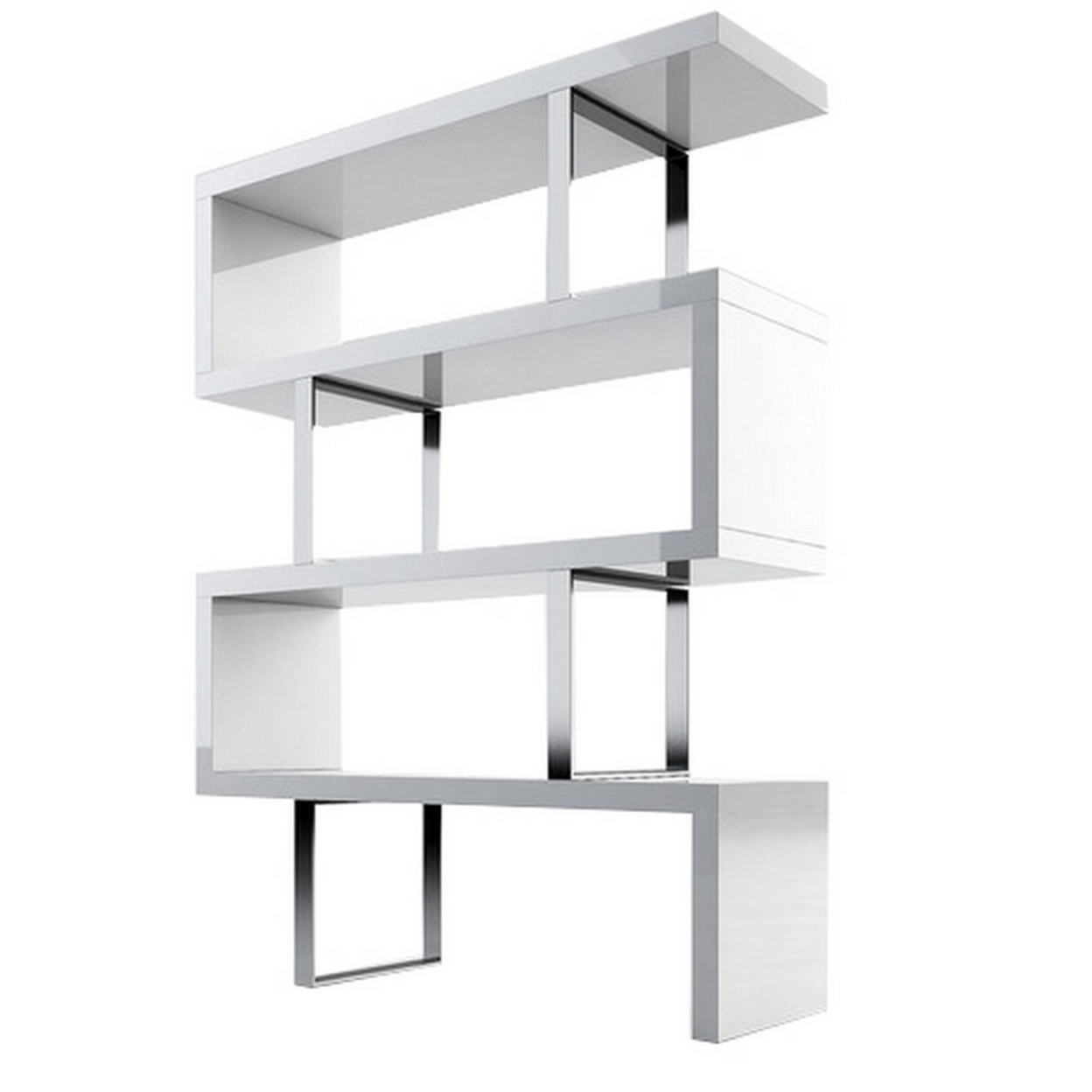 Gina 67 Inch Modern Bookshelf, 4 Tier Alternating S Shape, White And Chrome- Saltoro Sherpi