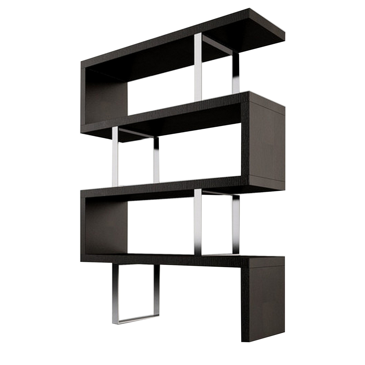 Gina 67 Inch Modern Bookshelf, 4 Tier Alternating S Shape, Black And Chrome, Saltoro Sherpi