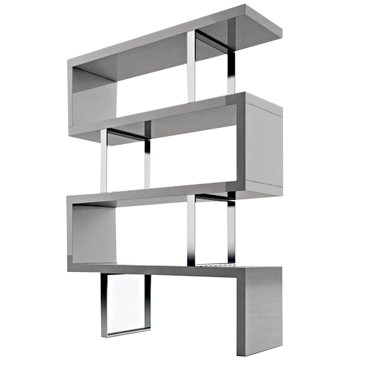 Gina 67 Inch Modern Bookshelf, 4 Tier Alternating S Shape, Gray And Chrome- Saltoro Sherpi