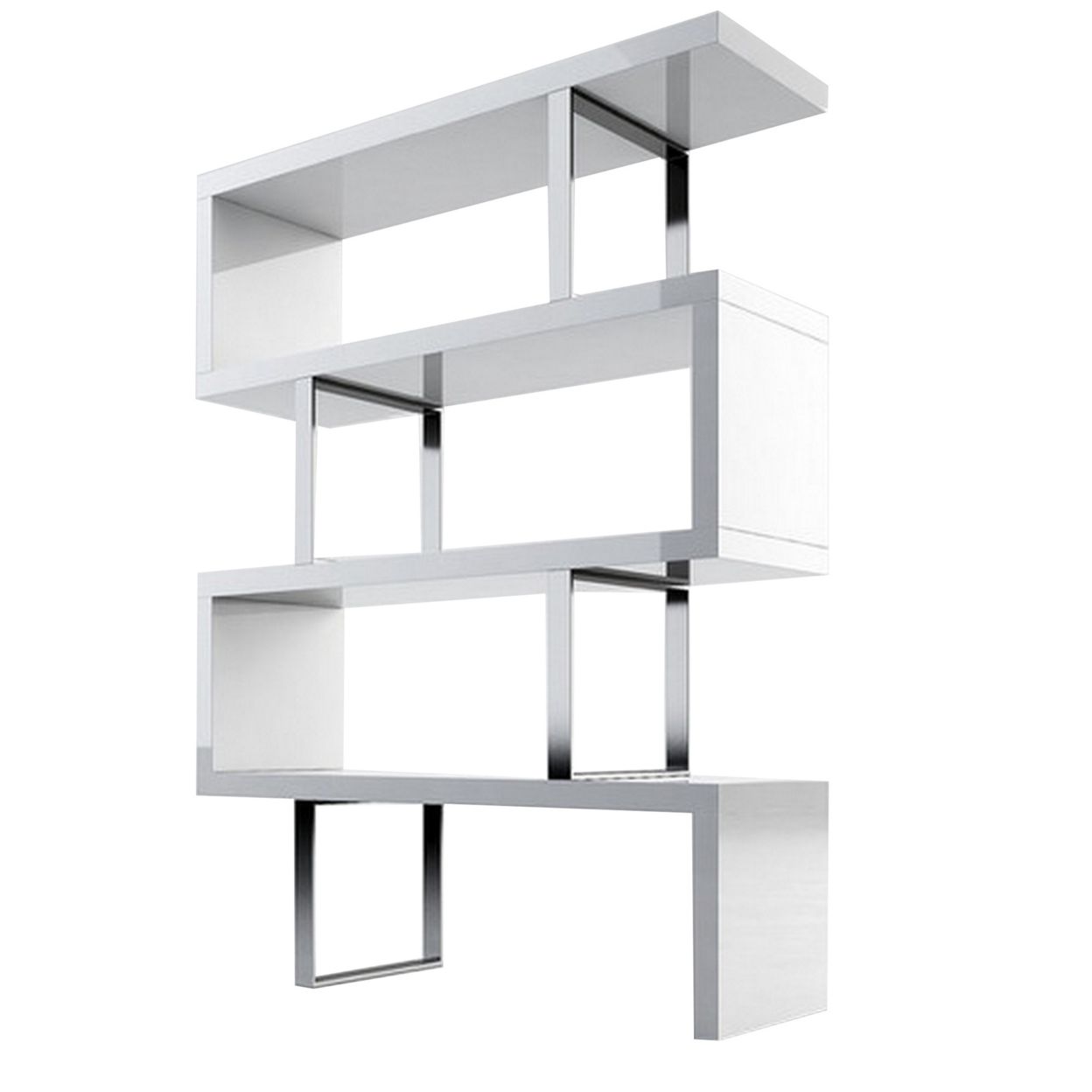 Gina 72 Inch Modern XL Bookshelf, 4 Tier Dynamic S Shape, White And Chrome- Saltoro Sherpi