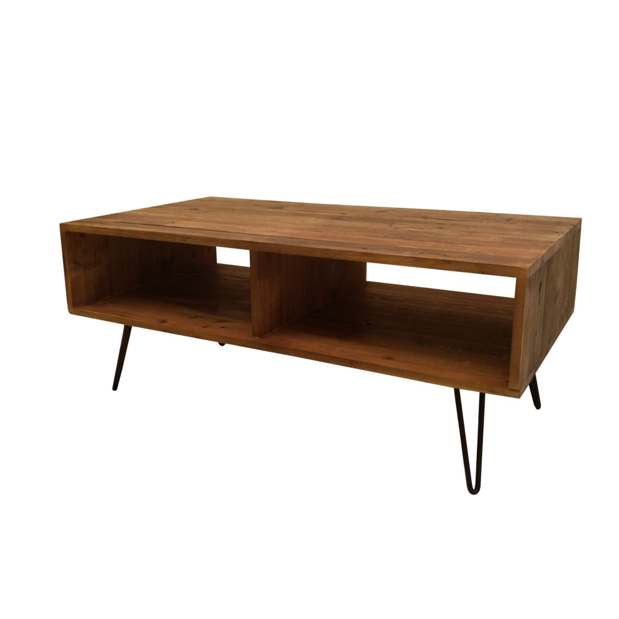 42 Inch Modern Cocktail Coffee Table With Open Compartments, Brown Wood Top - Saltoro Sherpi