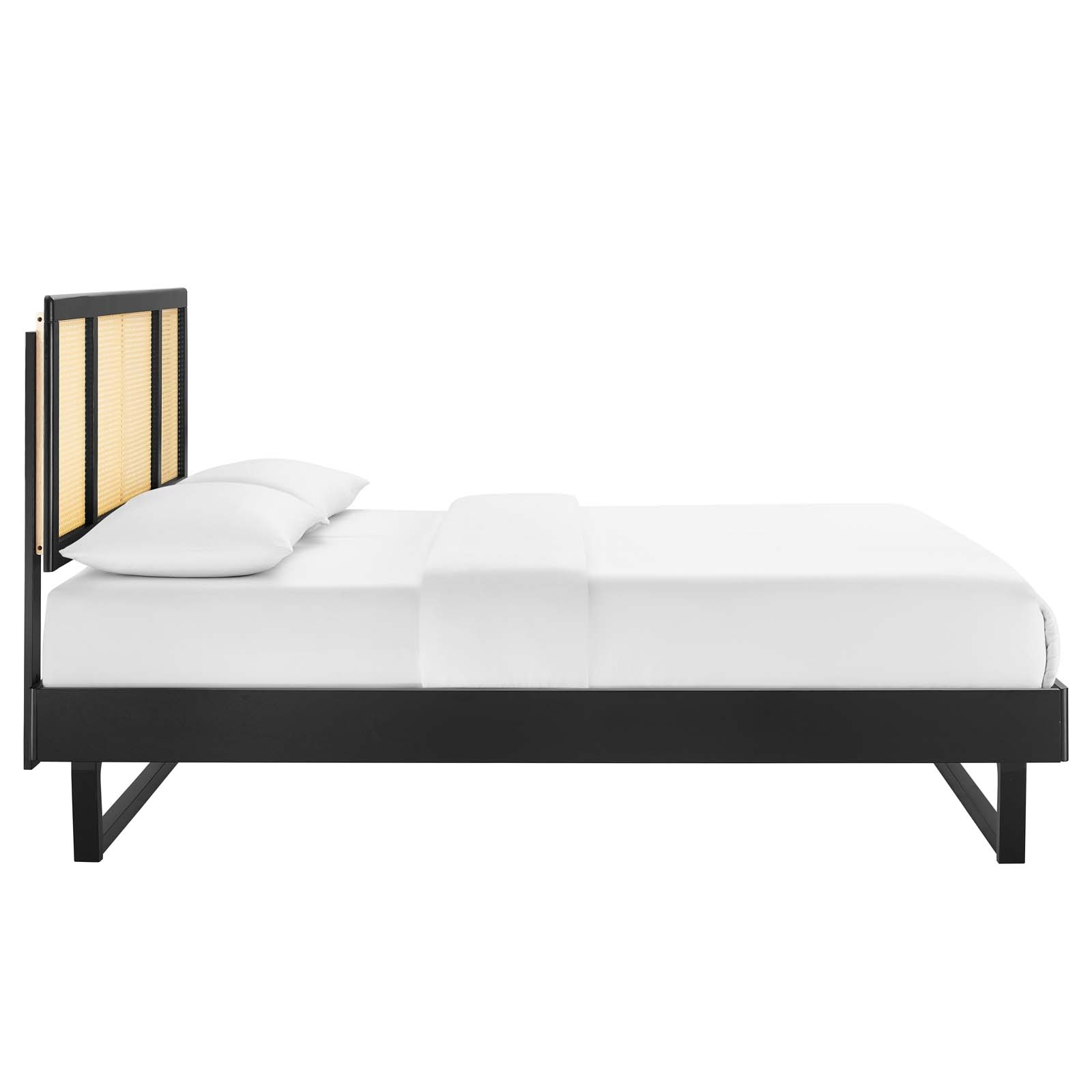 Kelsea Cane And Wood Full Platform Bed With Angular Legs, Black